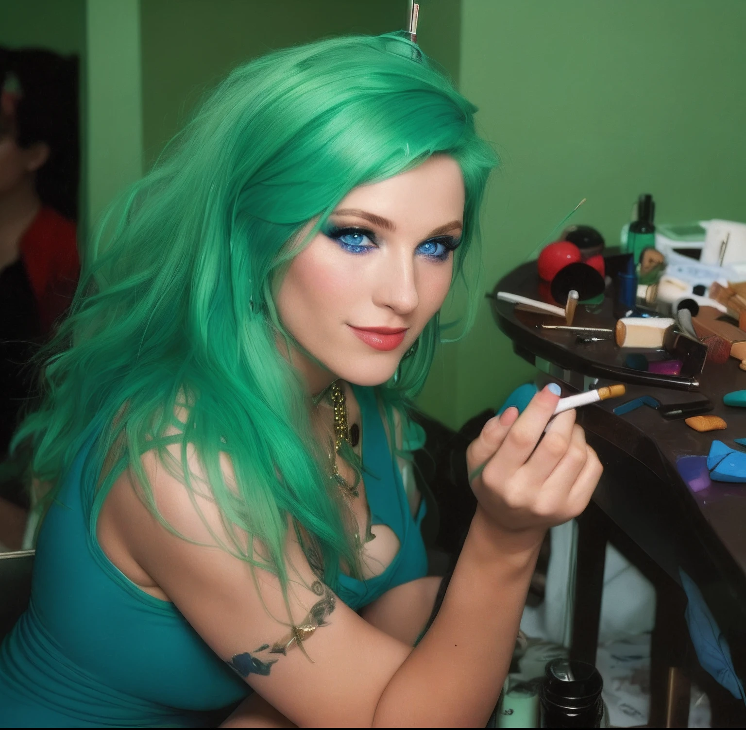 there is a woman sitting at a table with a cigarette in her hand, green hair, naked, breasts showing, profile image, profile shot, glamour shot, with cigar, taken in the late 2000s, inspired by Nan Goldin, taken in the mid 2000s, 40 years old women, putting makeup on, looking partly to the left, profile pic, award winning seductive