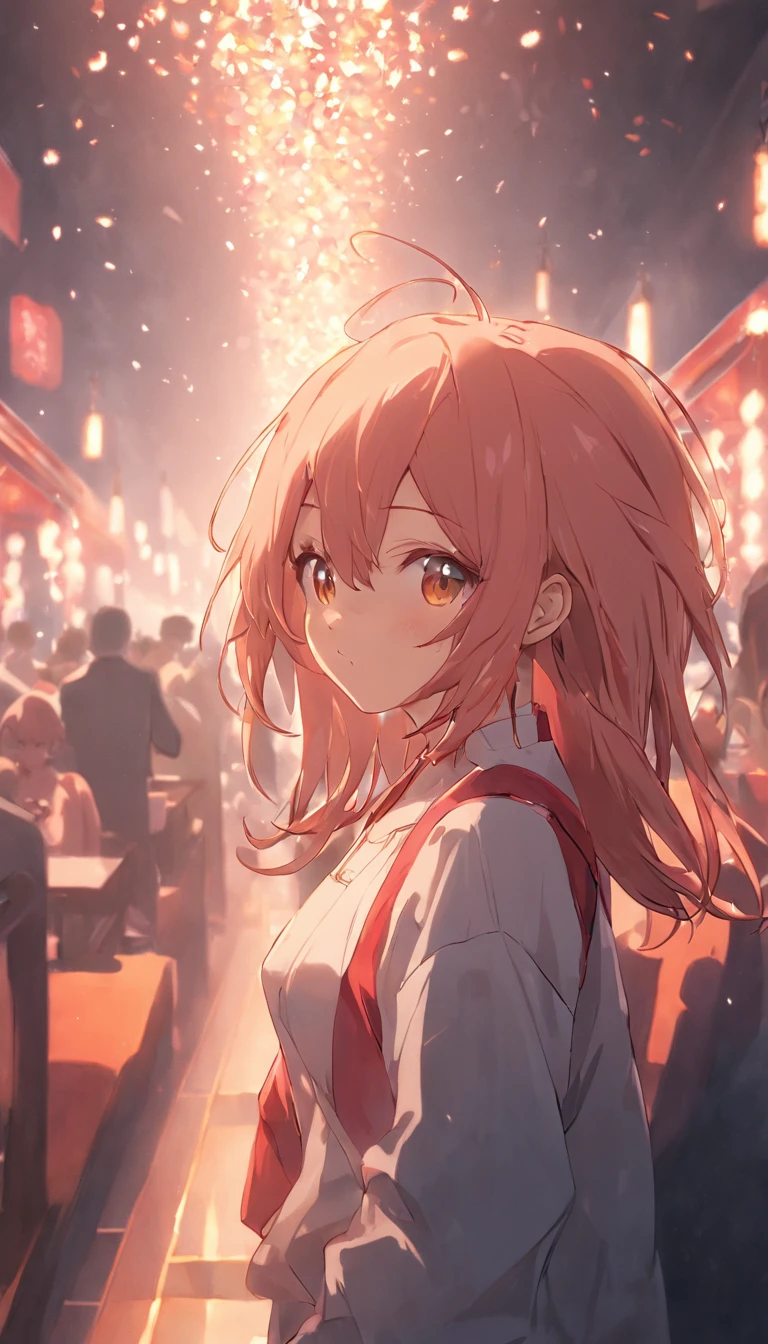 cinematic quality。By Shinkai Makoto。Kyoto Animation。short detailed hair。depth of fields,highlight,Real Light,Ray traching,OC rendering,Ultra photo realsisim,best qualtiy。Master the technology,Detailed anatomy of the human body,sharp focus on eyes,Detailed depiction of facial features,bokeh effects。Sitting in a restaurant at night with a cocktail glass、Cute girl with long golden hair in red dress。夏天。By Shinkai Makoto。Kyoto Animation。feminine