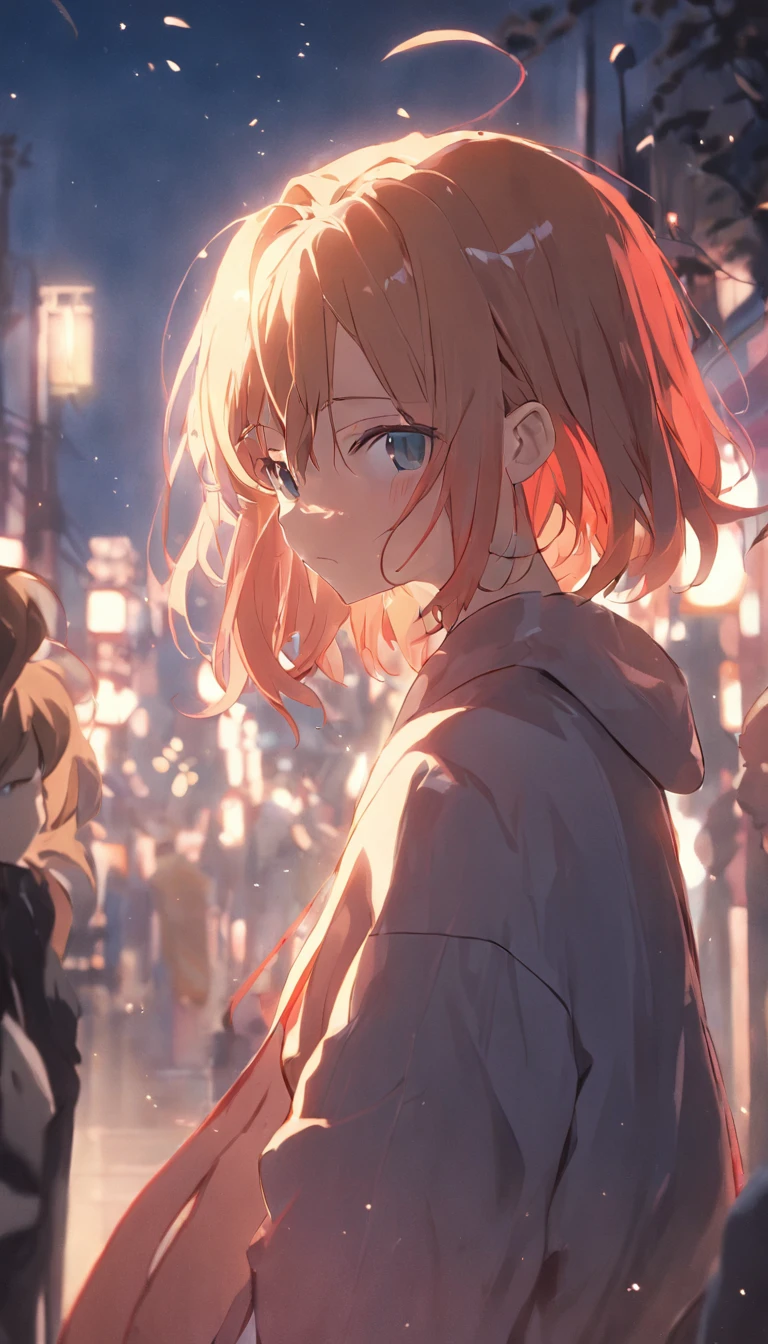 cinematic quality。By Shinkai Makoto。Kyoto Animation。short detailed hair。depth of fields,highlight,Real Light,Ray traching,OC rendering,Ultra photo realsisim,best qualtiy。Master the technology,Detailed anatomy of the human body,sharp focus on eyes,Detailed depiction of facial features,bokeh effects。Sitting in a restaurant at night with a cocktail glass、Cute girl with long golden hair in red dress。夏天。By Shinkai Makoto。Kyoto Animation。feminine