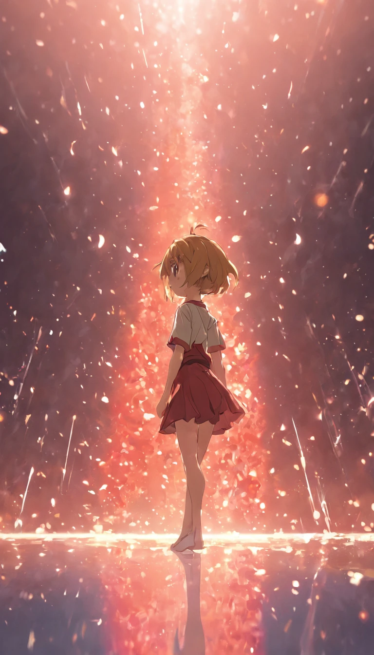 cinematic quality。By Shinkai Makoto。Kyoto Animation。short detailed hair。depth of fields,highlight,Real Light,Ray traching,OC rendering,Ultra photo realsisim,best qualtiy。Master the technology,Detailed anatomy of the human body,sharp focus on eyes,Detailed depiction of facial features,bokeh effects。Sitting in a restaurant at night with a cocktail glass、Cute girl with long golden hair in red dress。夏天。By Shinkai Makoto。Kyoto Animation。feminine