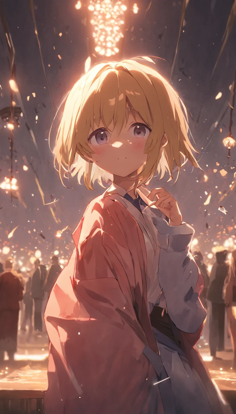 cinematic quality。By Shinkai Makoto。Kyoto Animation。short detailed hair。depth of fields,highlight,Real Light,Ray traching,OC rendering,Ultra photo realsisim,best qualtiy。Master the technology,Detailed anatomy of the human body,sharp focus on eyes,Detailed depiction of facial features,bokeh effects。Sitting in a restaurant at night with a cocktail glass、Cute girl with long golden hair in red dress。夏天。By Shinkai Makoto。Kyoto Animation。feminine