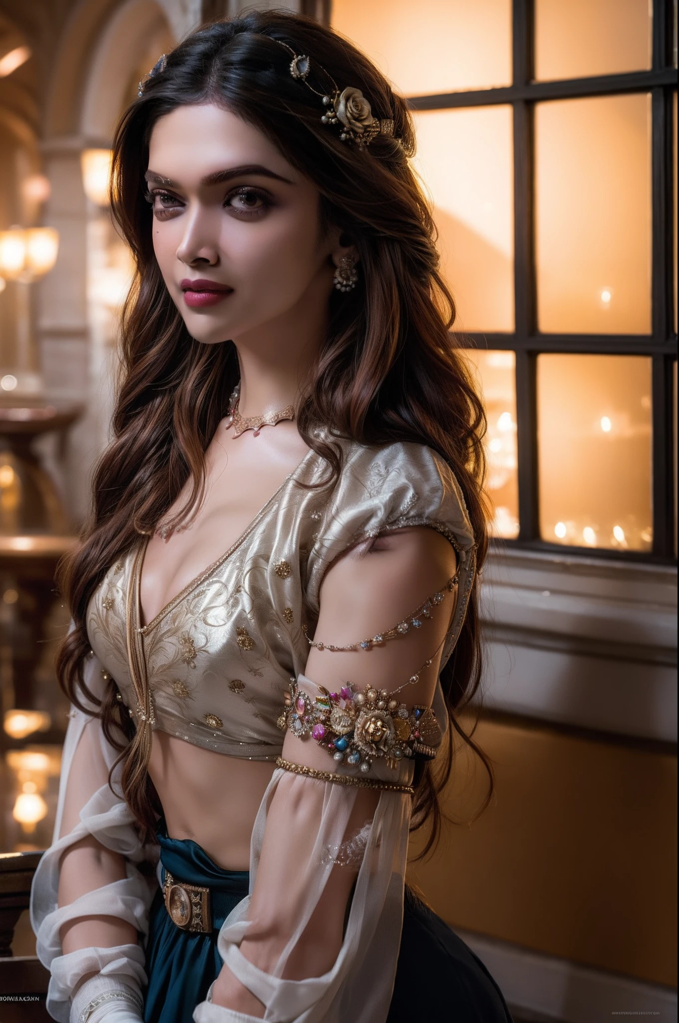 Close up portrait of a cute woman (Deepika), dress and atmosphere like (titanic rose), high quality, vibrant, 16k, imax