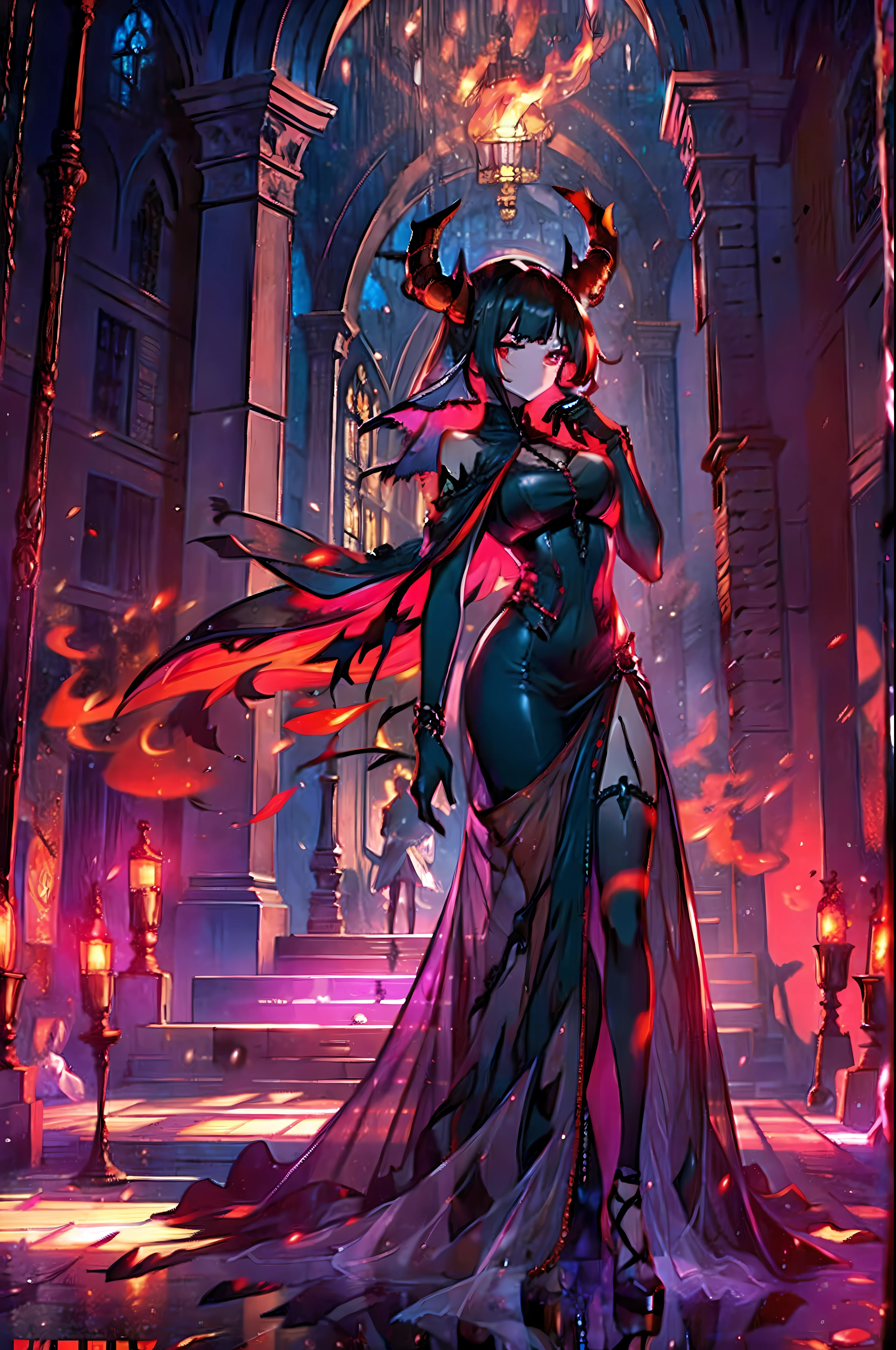 1 girl, demon girl, solo, black hair, short straight hair, gloves, bun updo, side bangs, long horns, ultra detailed red and black eyes, slit_pupils, very large breasts, gothic dress,ultra detailed sleeveless gothic dress, light gothic dress, skirtless gothic dress, glowing flames surrounding the girl, inner room of the cathedral is on fire, exuding flames from eyes, dim lighting, warm colours, hat with veil, beautiful pose, serious expression, leaning over