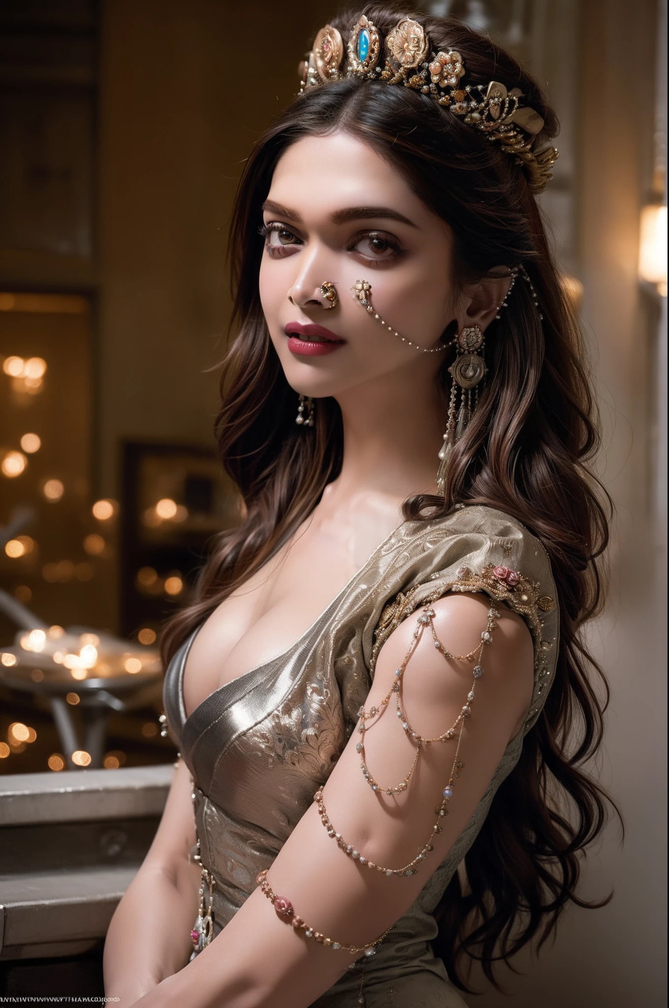 Close up portrait of a cute woman (Deepika), dress and atmosphere like (titanic rose), high quality, vibrant, 16k, imax