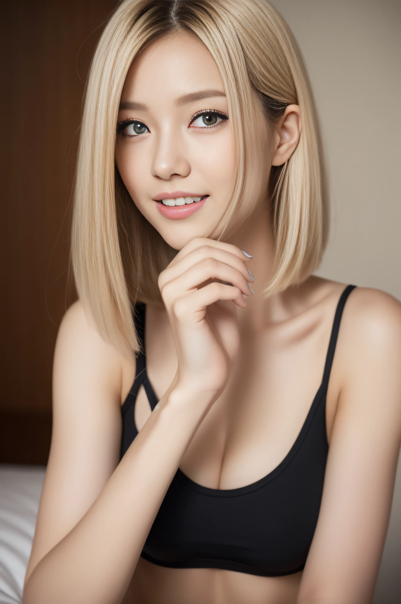 top-quality、8K、 masterpiece、 one girls、 Beautiful woman emphasizing slim abs、 casual hairstyle、 huge tit、Plain clothe、interiors、hyperdetailed face、Delicat eyes、二重まぶた、Soft breasts smiling exposed valley masterpiece top quality ultra high resolution photo real one girl black tank top hot pants medium milk big blue eyes blonde urtsang-6500-v1.1:0.8 pauses full body cute young look at the viewer top quality masterpiece beauty slender abs dark brown hair lying in bed spread legs super detailed face very detailed lips detailed eyes double eyelids bra is red look at the audience attractive pattern sparrow spots particles upper body look at camera silver-haired girl