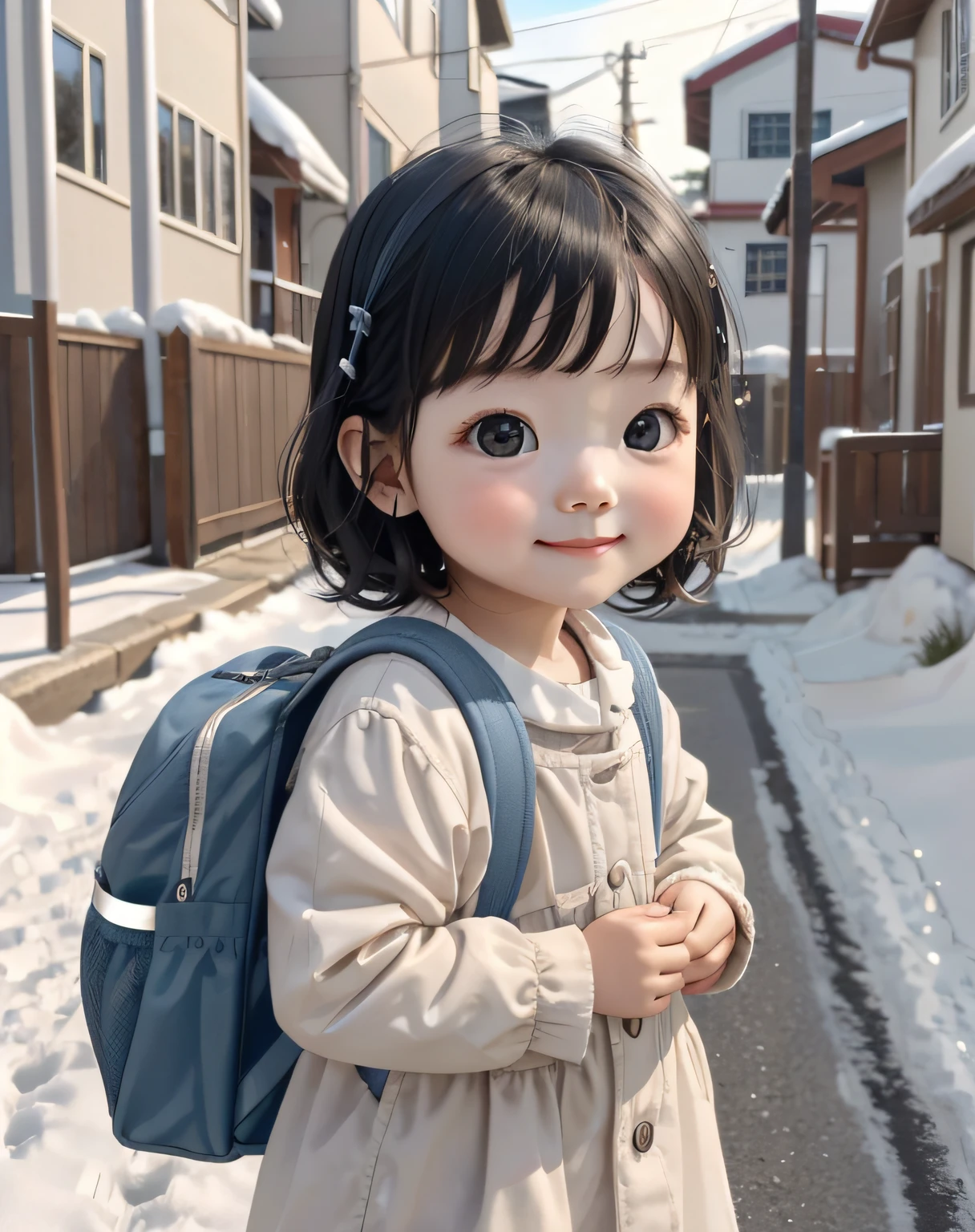 Best quality at best,1girll, a baby face, ssmile, adolable, C4D,This cute baby face appears on a young girl。Her face is petite and delicate,It reveals an atmosphere of youth and innocence。Her complexion was as white as snow,On the way to kindergarten with a school bag。