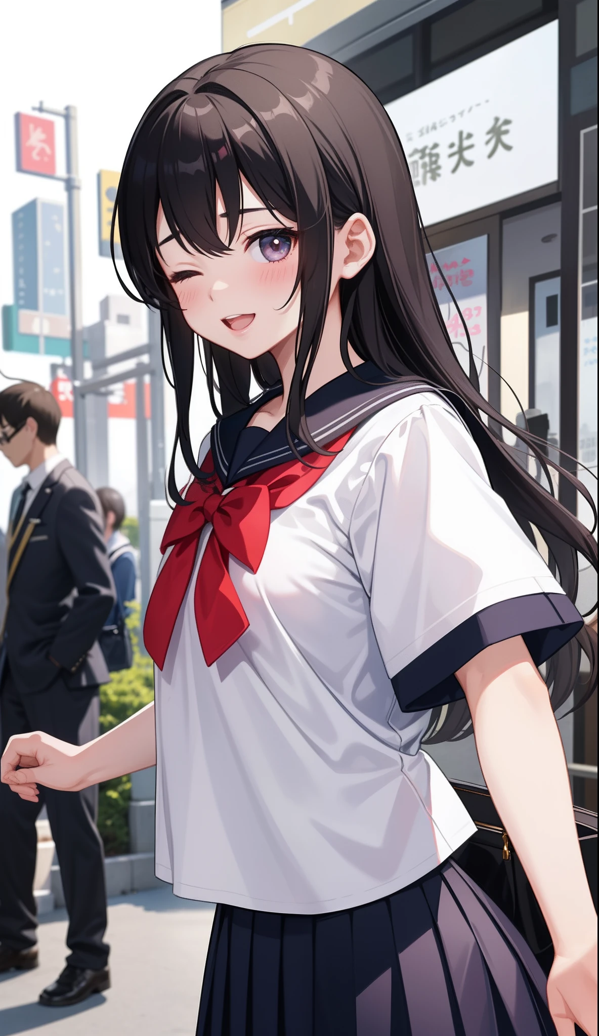 1girl in、AS-Adult、、glad、A delightful、eye closed、Laughing、The shirt、skirt by the、(small tits)Chilarism、Japan High School Student Uniform、serafuku、summer clothing、(Sheer Bra)、Upper body portrait、