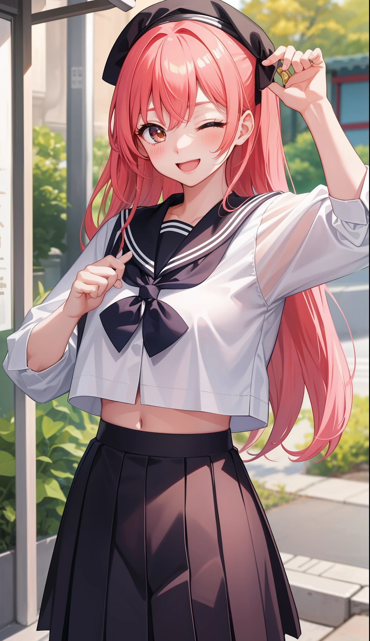 1girl in、AS-Adult、、glad、A delightful、eye closed、Laughing、The shirt、skirt by the、(small tits)Chilarism、Japan High School Student Uniform、serafuku、summer clothing、(Sheer Bra)、Upper body portrait、