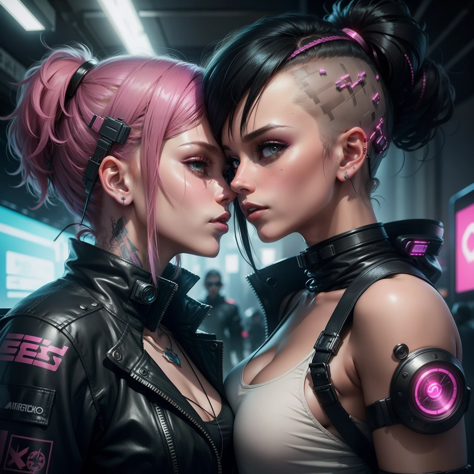 (kissing)2 girls, se beijando, amor, namoradas, noite, seios grandes, ornamento neon de cabelo, roupa cyberpunk, ao ar livre, heaven, chuva, luzes neon, beco, Metropolis, chuva, ombros nus, night sky, sideboob, obi, roupas molhadas, franja, cabelo curto, clouded skies, cabelo molhado ((obra-prima), (extremamente detalhado CG unidade 8k papel de parede), melhor qualidade, 2girls, kissing, cinematic lighthing, fundo detalhado, belos olhos detalhados, pupilas brilhantes, (um extremamente delicado e bonito), (description of beautiful and detailed eyes), ultra-detalhado, obra-prima,)), cyberpunk, luzes neon