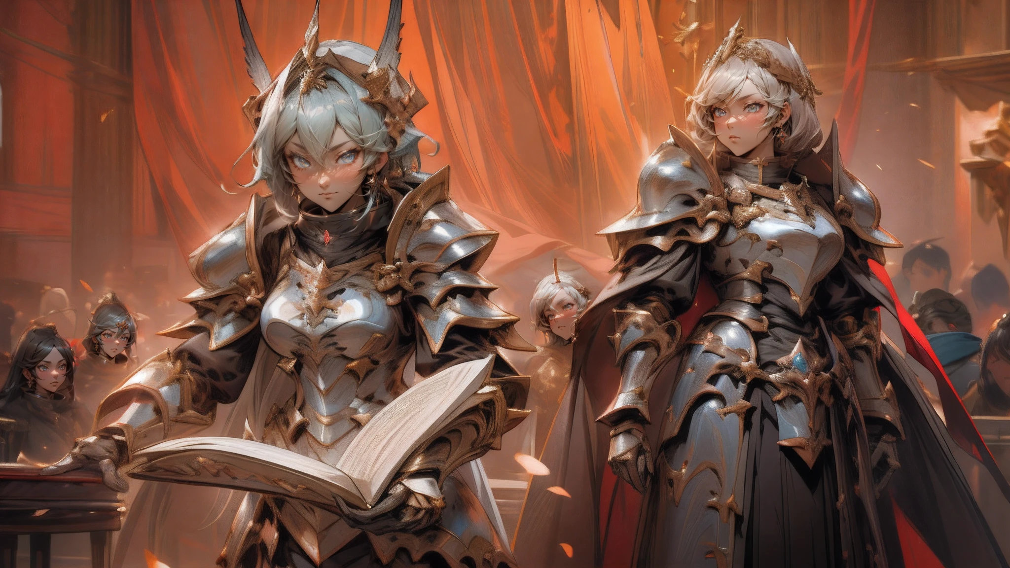 Two men in armor，Female character holding a book, krenz cushart and wenjun lin, Kushatt Krenz Key Art Women, shadowverse style, lineage 2 revolution style, WLOP and Sakimichan, portrait knight female, arknight, 2. 5 D CGI anime fantasy artwork, shadowverse，Priest Knight, portrait of female paladin