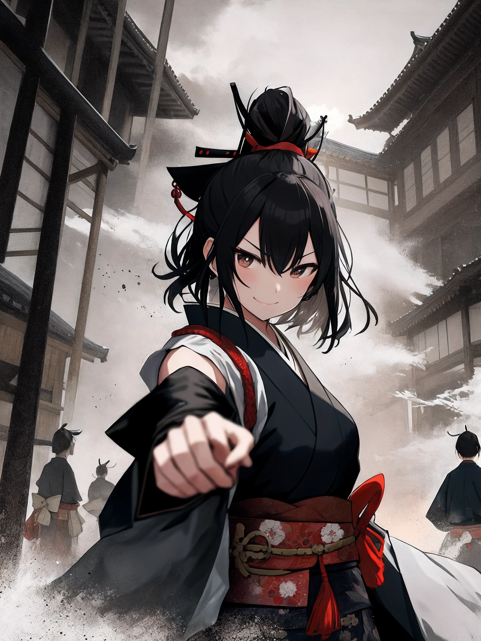 On the battlefield of the Edo period where the scenery of the Japan spreads、Attractive muscular female samurai stands。 Sexy lightly dressed samurai wearing simple kimono、In his black-gloved hand he holds a sword Japan sparkles.。 Intense hot air blows on the battlefield set in a castle that is on fire。A smile appeared on the samurai's face、Tension and fear are mixed before the battle。 Depict the moment when the light body of a samurai dances beautifully in battle。 Use this prompt to、Lightly armed female samurai unites with nature、Draw a moment of battle that flashes。