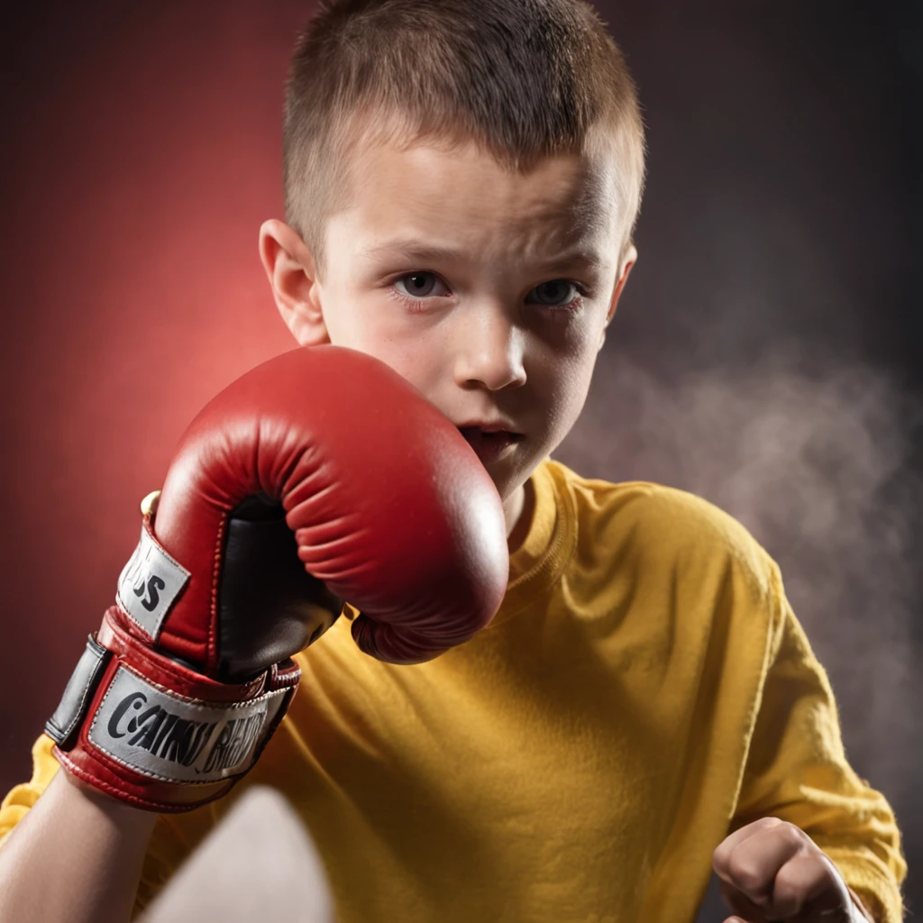 Alafed boy in a yellow shirt and red boxing gloves, in a fighting stance, Boxing pose, in a fighting pose, wearing vibrant boxing gloves, boxing, posing ready for a fight, in a boxing ring, boxer, Kickboxing, kid, Fighting stance, punching, fighter pose, children's, Fighting posture, shutter inventory, kickboxer fighter, boy