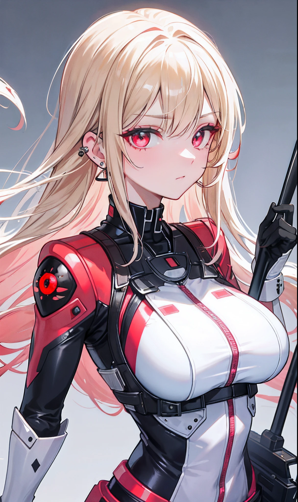 （tmasterpiece，Sideslit，Beautiful eyes：1.2），（tmasterpiece*sportrait），sportrait，busts，（busts），Lifelike，Anatomical correct，3D脸，luscious skin，（Solo），Blonde hair and pickaxe dyeing，Gradient hair，（closeup of face），Lovely face，（Fire opal-like scarlet eyes），Hanging eye corners，（（highdetailskin，Visible pores）），（Perfect body），beuaty girl，little breast，（（）），（（pilot_suit）），（ear studs），（Neck strap），very short gloves，（chain）