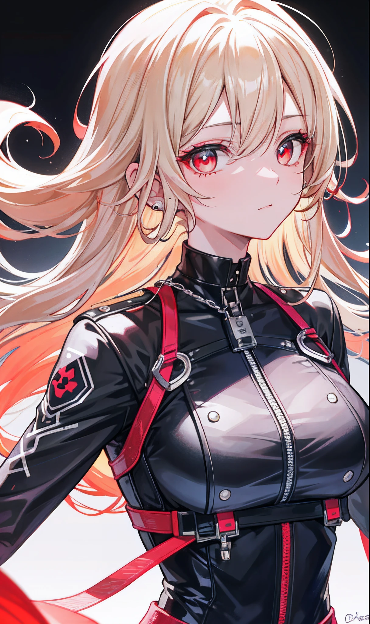 （tmasterpiece，Sideslit，Beautiful eyes：1.2），（tmasterpiece*sportrait），sportrait，busts，（busts），Lifelike，Anatomical correct，3D脸，luscious skin，（Solo），Blonde hair and pickaxe dyeing，Gradient hair，（closeup of face），Lovely face，（Fire opal-like scarlet eyes），Hanging eye corners，（（highdetailskin，Visible pores）），（Perfect body），beuaty girl，little breast，（（）），（（pilot_suit）），（ear studs），（Neck strap），very short gloves，（chain）