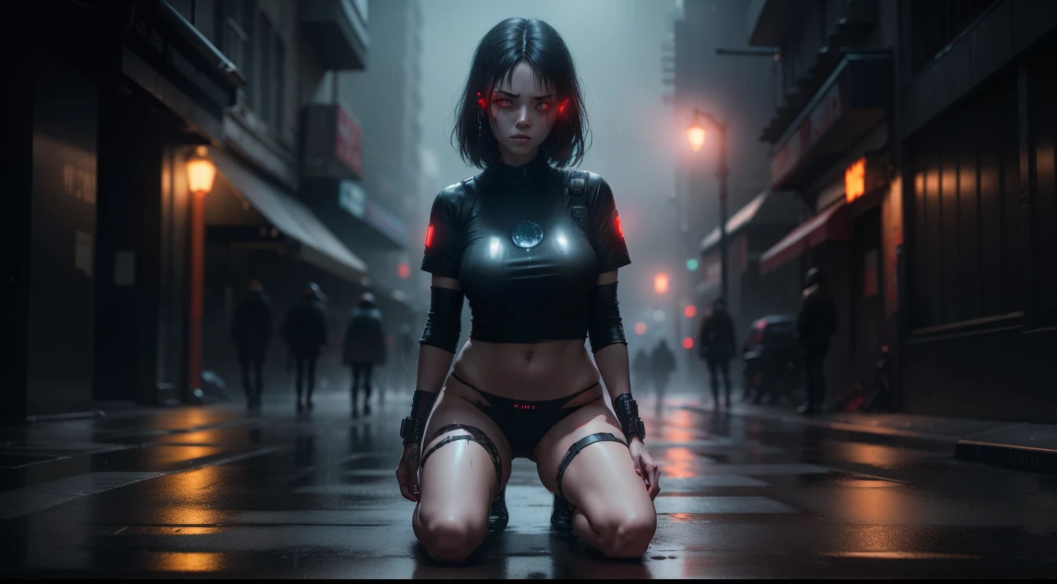 woman wearing panties and top kneeled on the ground in a city at night while raining, glowing eyes, red eyes, horror scenario, horror cyberpunk, dark, ominous atmosphere, sacred, ultra detailed, photorealistic, masterpiece, trending on Artstation.