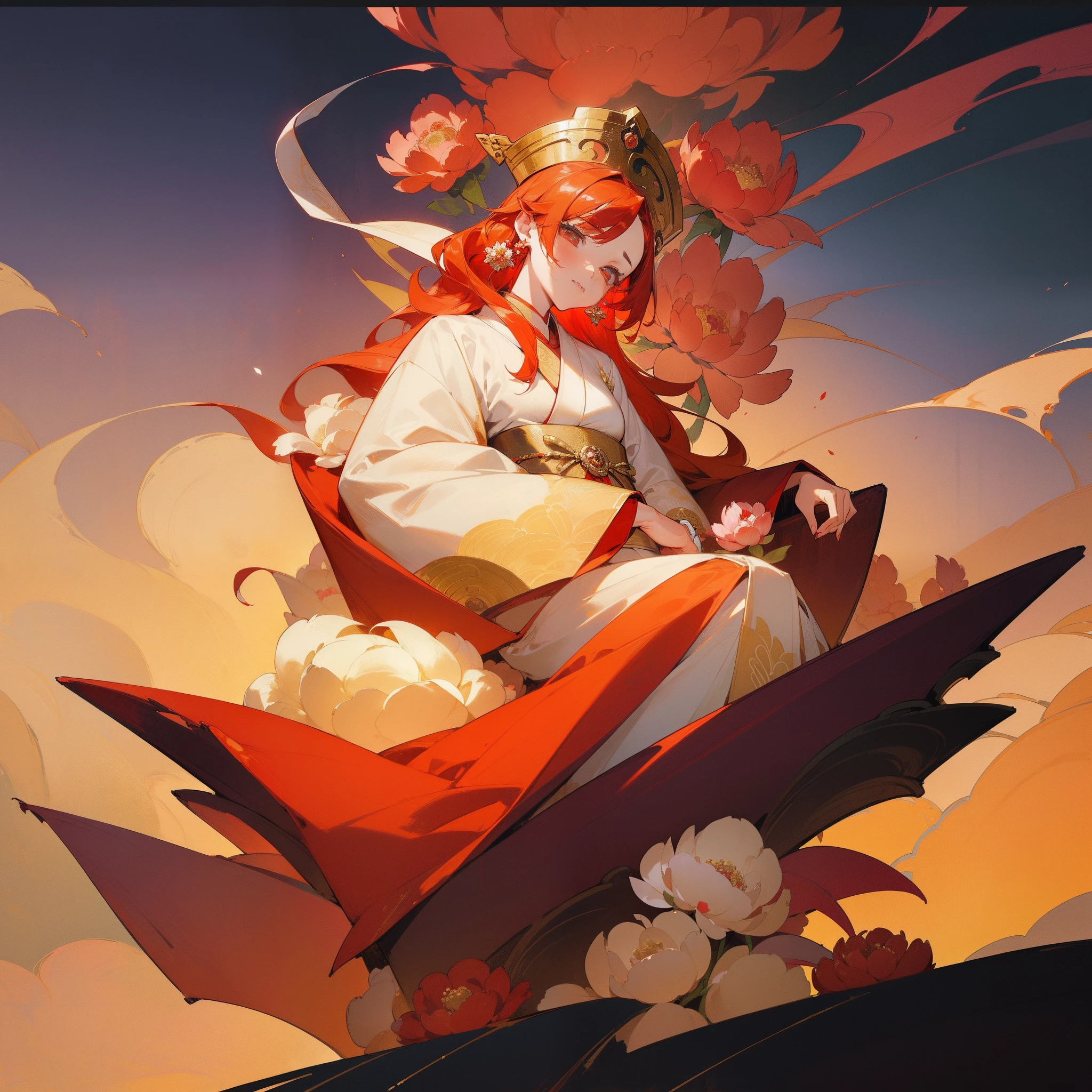 (Beautifully Aesthetic:1.2)、(1girl in:1.3)、(Red and gold colorful hair:1.2)、Red and gold kimono、Peonies、peony flower、sacredness、Top image quality、Landscape painting、God of Flowers、a throne、wang、Fantastical