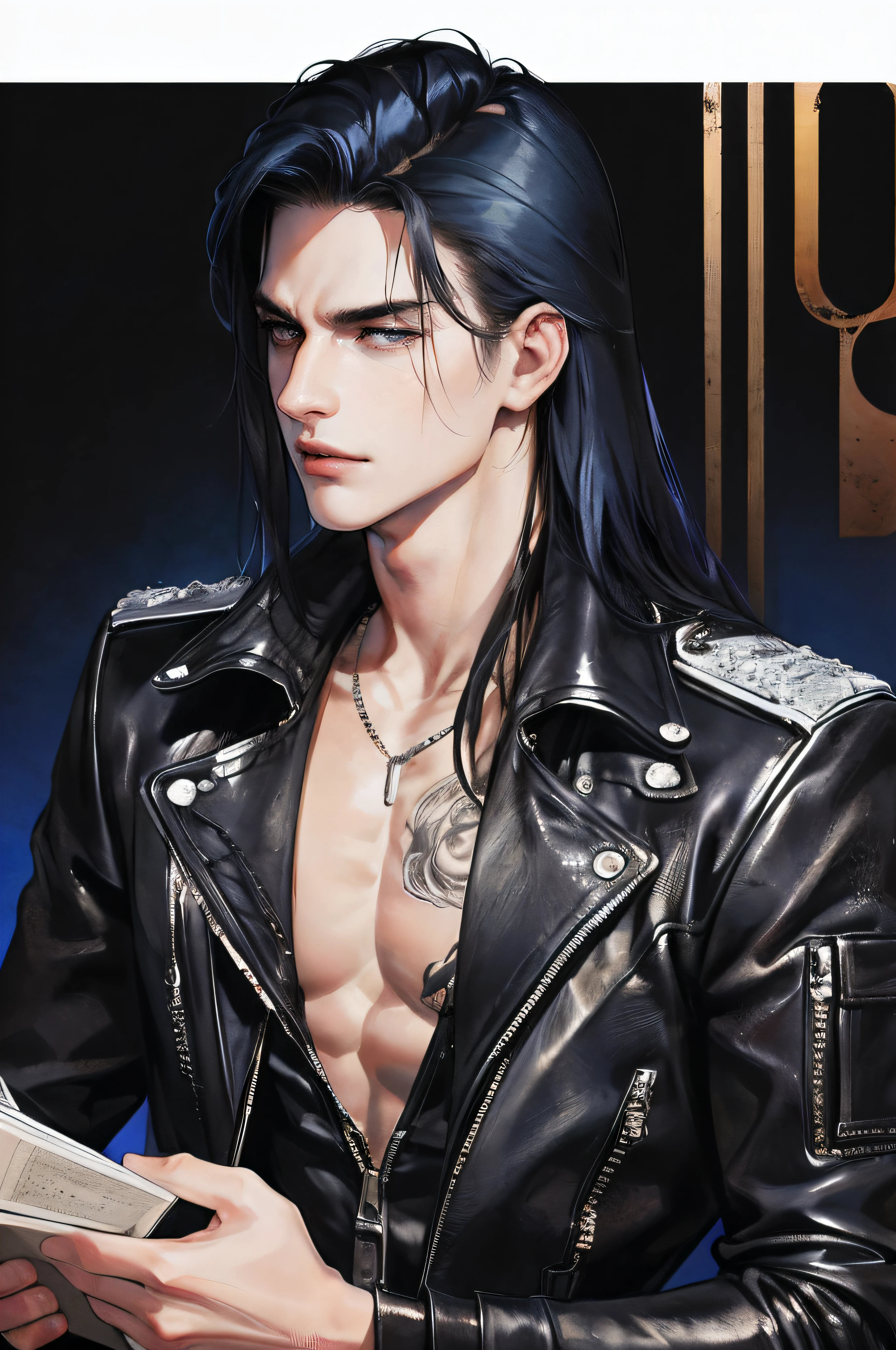 cover for a book, photography of a heavy metal star, a solo man, (((man))), (masculine face), 25 years old, singer, bad boy, (black eyes), expressive look, long dark blue black hair, (((bar background))), straight hair, blueshine hair, unshaven, black leather jacket, long sleve jacket, leather pants, chest tattoo, super detailed face, perfect body, perfect shapes, realistic image, award winning photography, 8k,