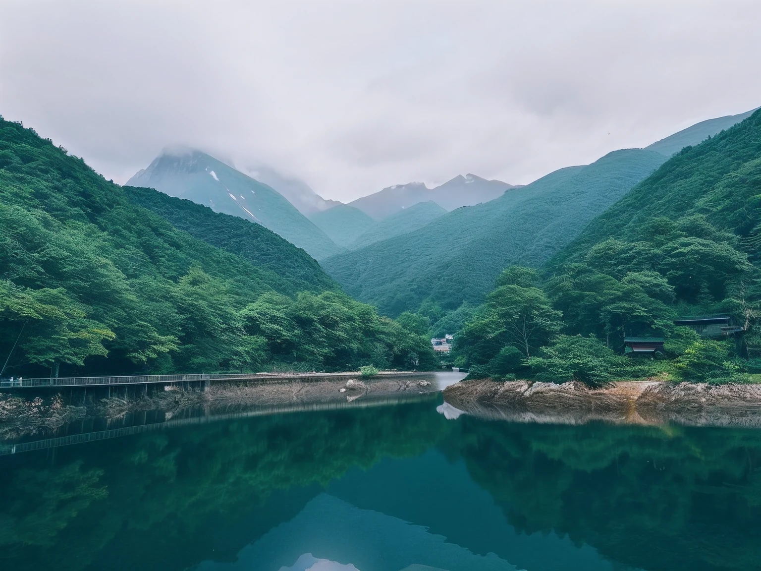 there is a small boat that is floating in the water, a lake between mountains, japan mountains, mountains river trees, rios、Trees and hills, Detailed scenery —width 672, Landscape photo, countryside in japan, forest and river, an amazing landscape image, waterfalls and lakes, japan nature, Majestic nature, lakeside mountains, Mountains and lakes