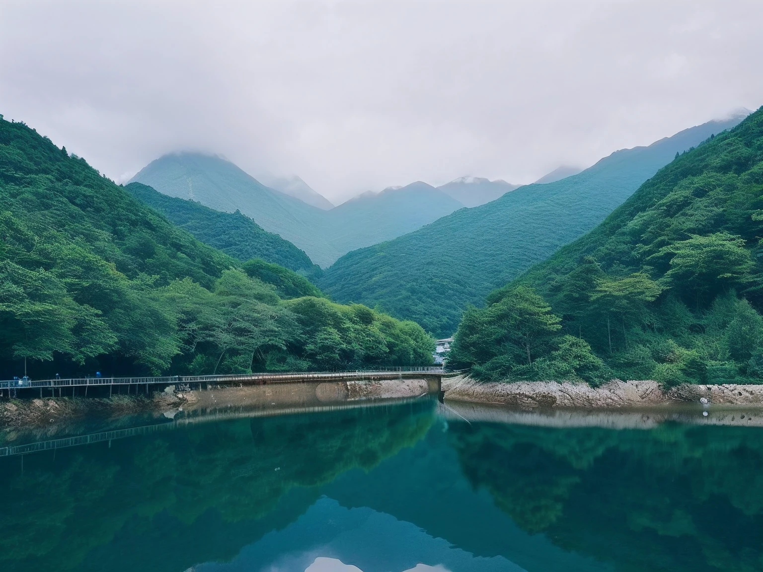 there is a small boat that is floating in the water, a lake between mountains, japan mountains, mountains river trees, rios、Trees and hills, Detailed scenery —width 672, Landscape photo, countryside in japan, forest and river, an amazing landscape image, waterfalls and lakes, japan nature, Majestic nature, lakeside mountains, Mountains and lakes