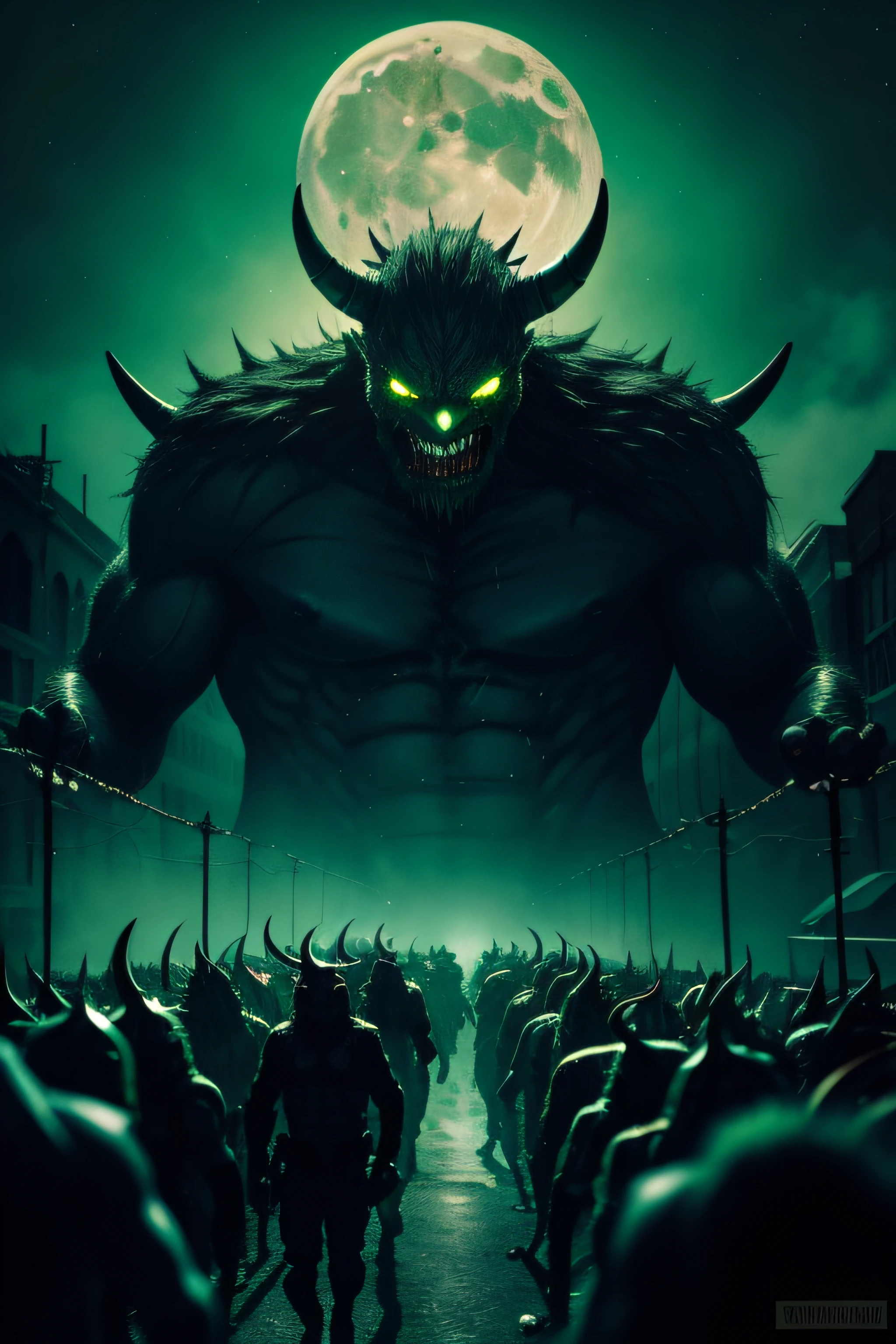 dark night sky, huge horde of demons inside of a desolate town, the moon is green and all flames are green, demons of humanoid form with glowing green eyes full of hatred and death, huge horde of demons thousands in number walk in the street, ugly humanoid forms mouths sealed shuts large claws and bright green eyes,