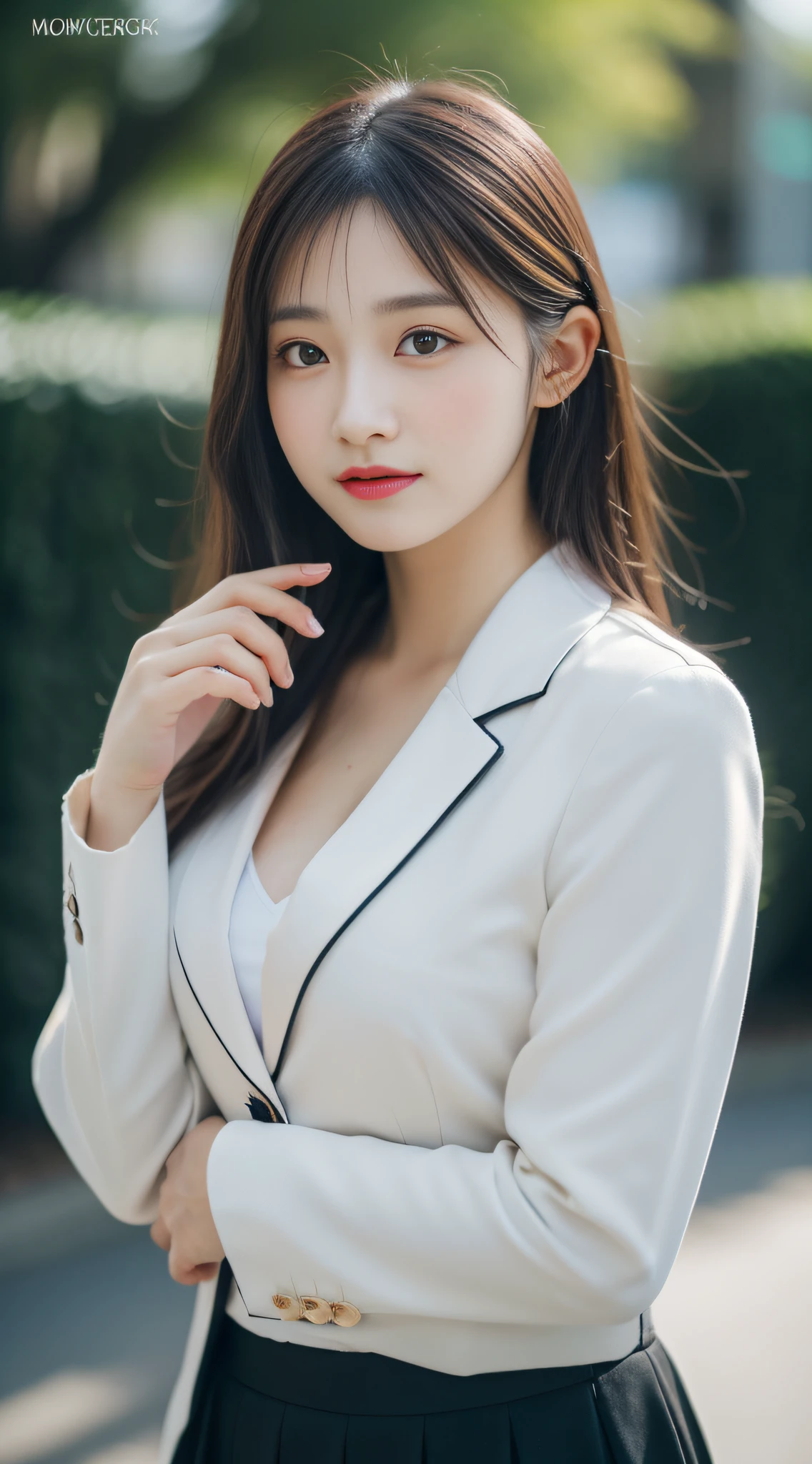 best quality, masterpiece, 1girl, Beautiful face, (photo realistic:1.3), rim lighting, (high detailed skin:1.2), 8k uhd, dslr, high quality, high resolution, 4k, 8k, Bokeh, absurdres, best ratio four finger and one thumb, (realistic:1.3), cute 1girl, wearing black formal blazer, medium breasts, short skirt,