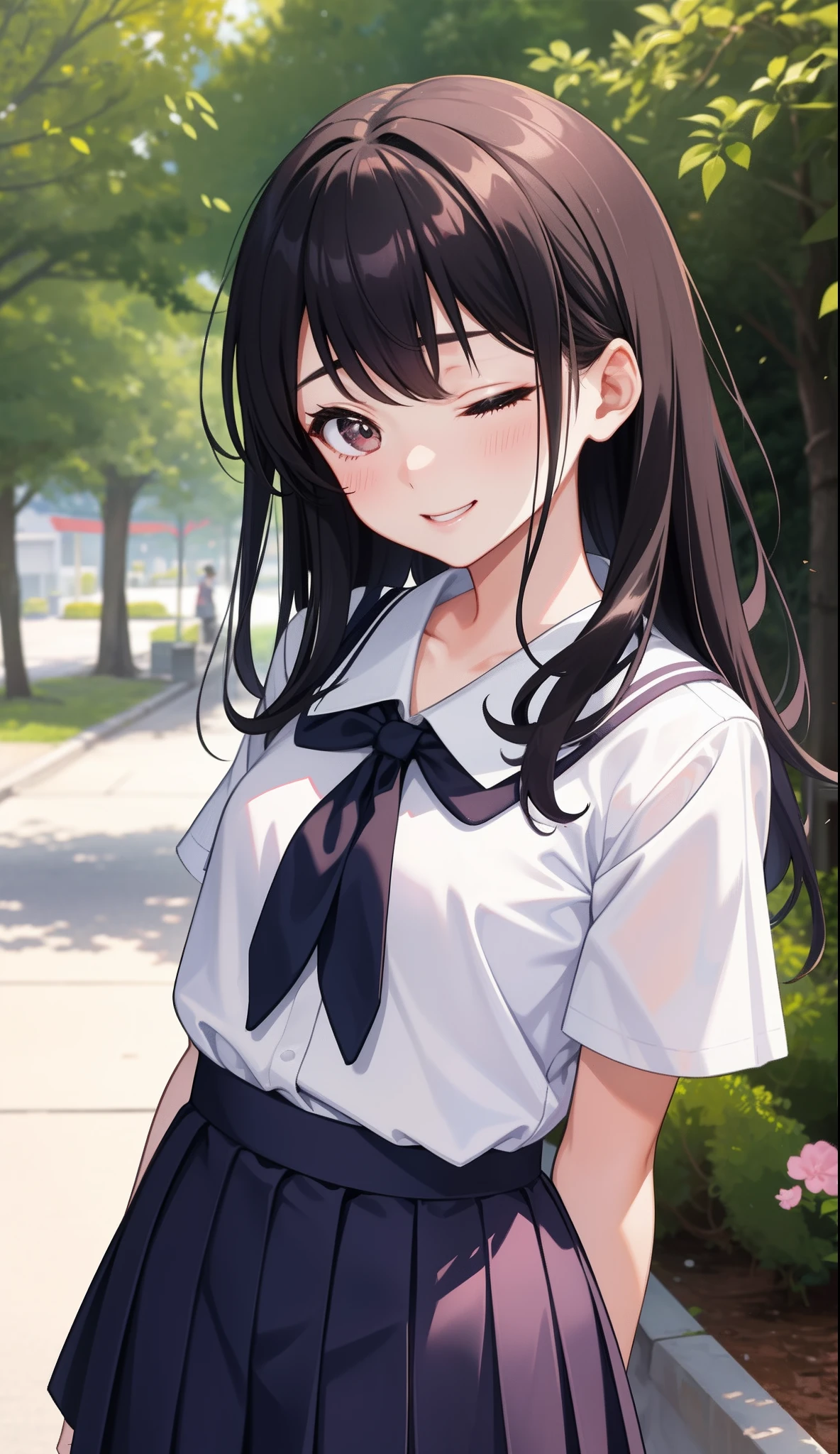 ((best quality)), ((masterpiece)), (detailed), 1girl, sexy((best quality)), ((masterpiece)), (detailed), 1girl, sexly((Highest quality)), ((masterpiece)), (detailed), One girl, セクシーexpensive body, expensive, Long legs, mature female, mature, Adult, It is_Nagatoro_main, nagatoro hayase, One girl, blush, alone, White polo shirt、 Black Hair, bag, Brown eyes, hair ornaments, View your viewers, Hair Clip, Outdoor, Backpack, smile, Long Hair, White shirt, Dark skinned women, Dark Skin, , bangs, Day, skirt, Collared shirt, clavicle, Ear Clip, Rolled up my sleeves, Mouth closed, wood, asymmetrical bangs, Upper Body