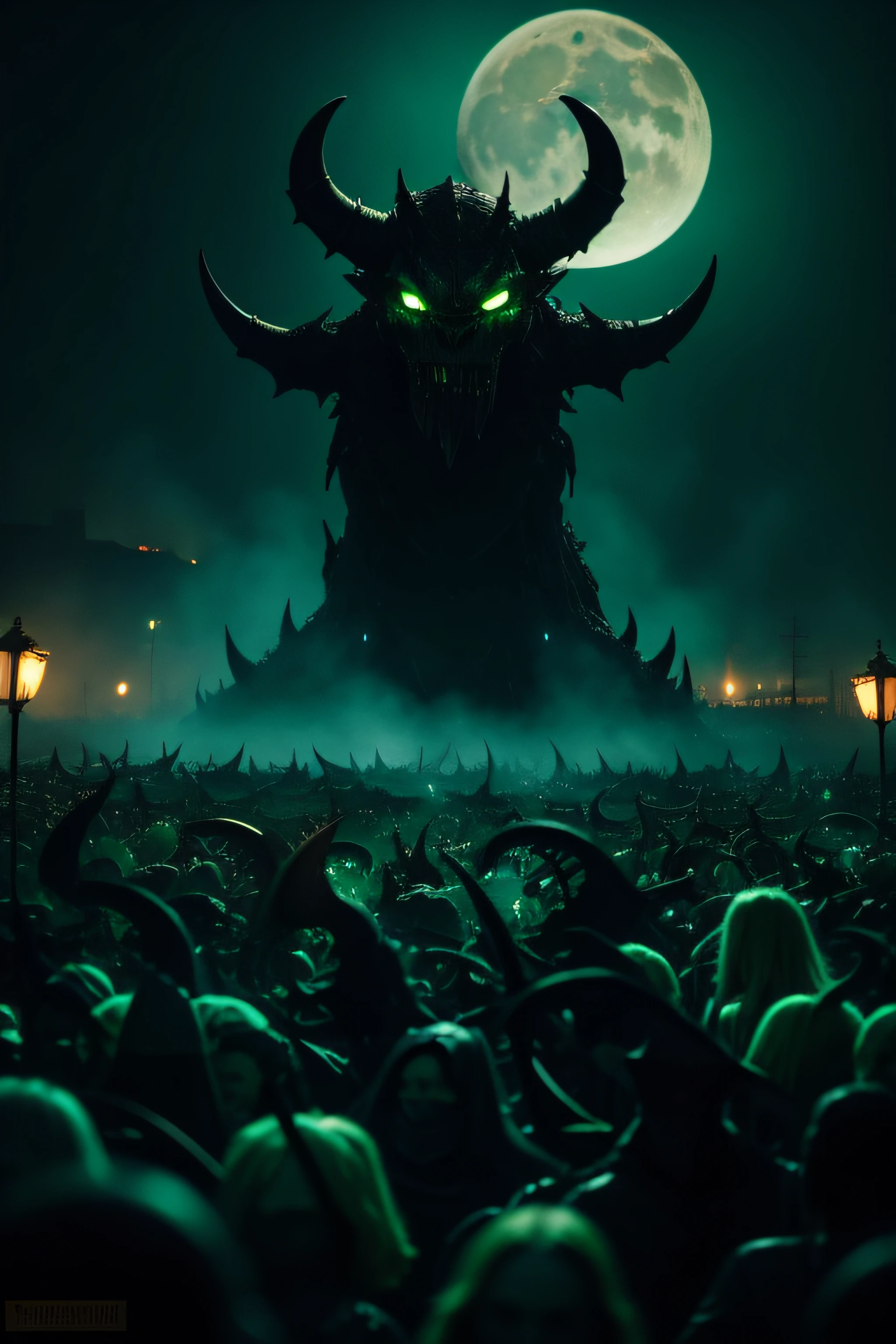 dark night sky, huge horde of demons inside of a desolate town, the moon is green and all flames are green, demons of humanoid form with glowing green eyes full of hatred and death, huge horde of demons thousands in number walk in the street, ugly humanoid forms mouths sealed shuts large claws and bright green eyes,