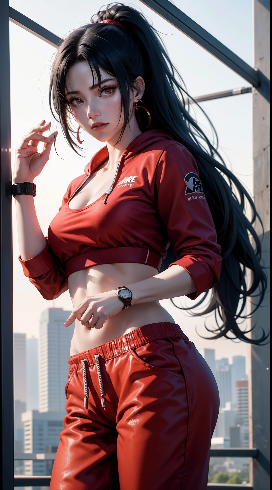 kurenai from anime naruto, dark hair, long hair, red eyes, ponytail, wearing mascara, perfect body, perfect breasts, beautiful woman, very beautiful, wearing red nike hoodie, red jogger pants, wearing watch, wearing earrings, wears red nike jordan shoes, was in the gym, Realism, masterpiece, textured leather, super detailed, high detail, high quality, best quality, 1080P, HD, 16k