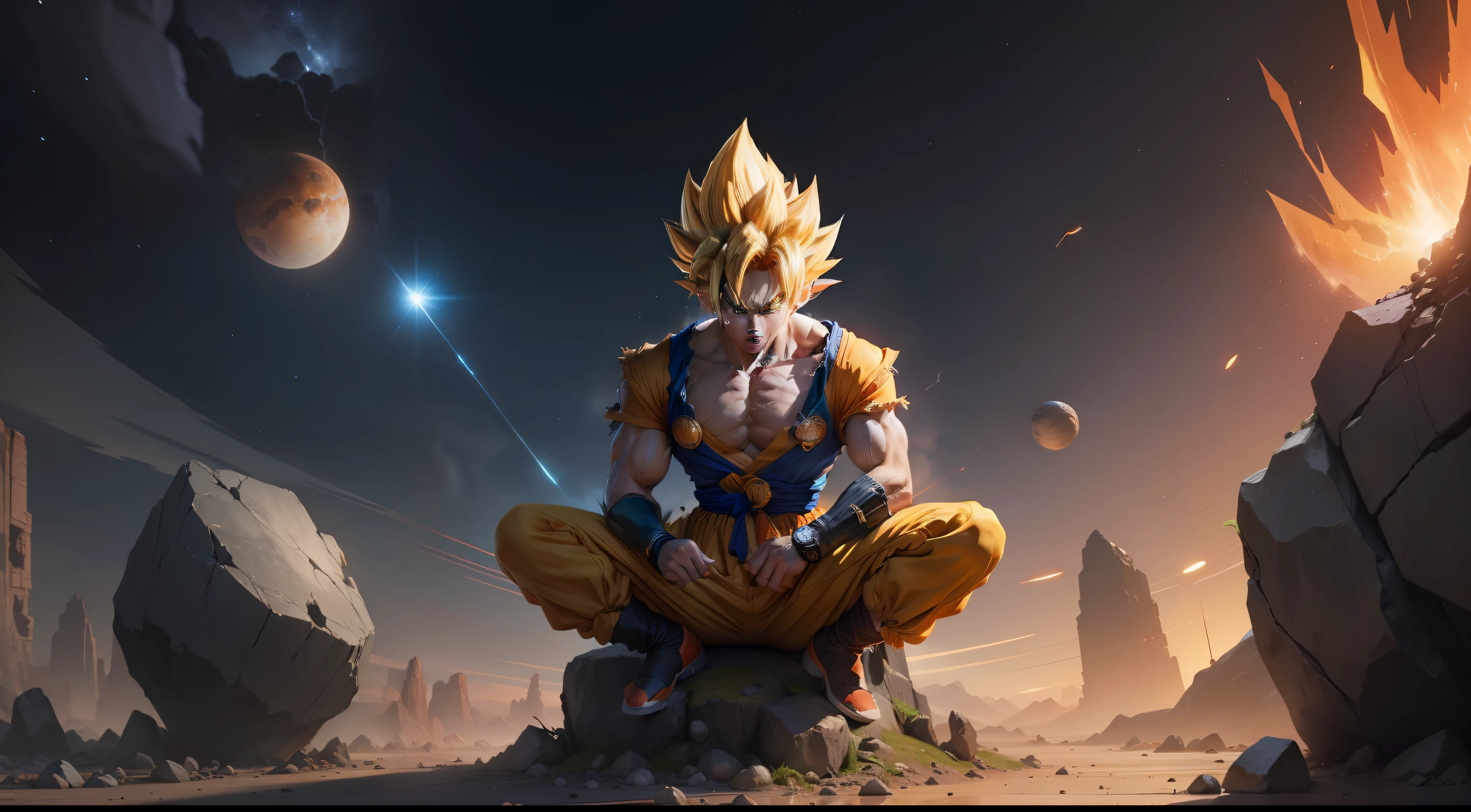 Super saiyan goku male focus, earth \(planet\), planet, space, cracked ground and rocks rising up, rubble rising, clean face