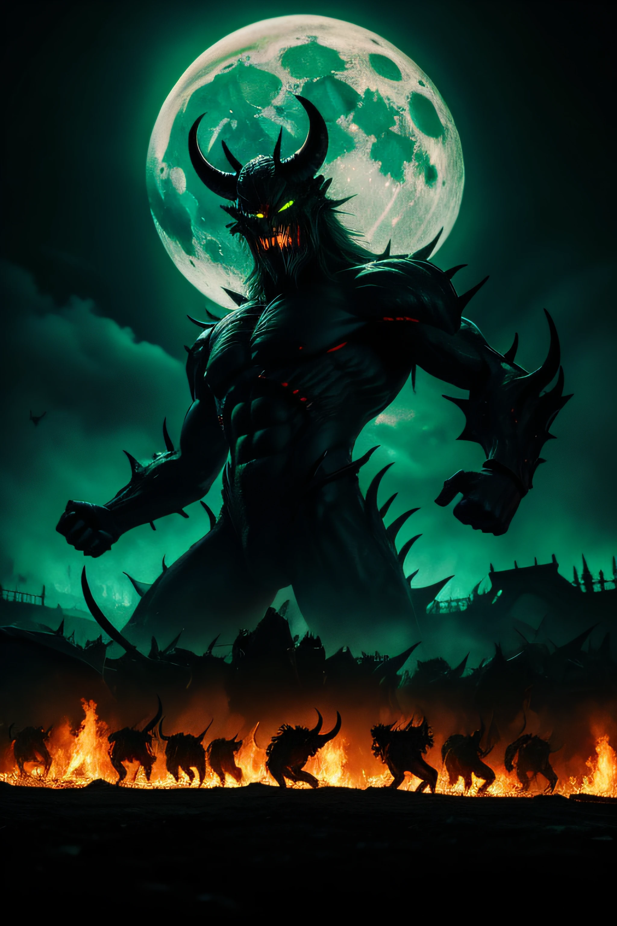 dark night sky, huge horde of demons inside of a desolate town, the moon is green and all flames are green, demons of humanoid form with glowing green eyes full of hatred and death, huge horde of demons thousands in number walk in the street, ugly humanoid forms mouths sealed shuts large claws and bright green eyes,