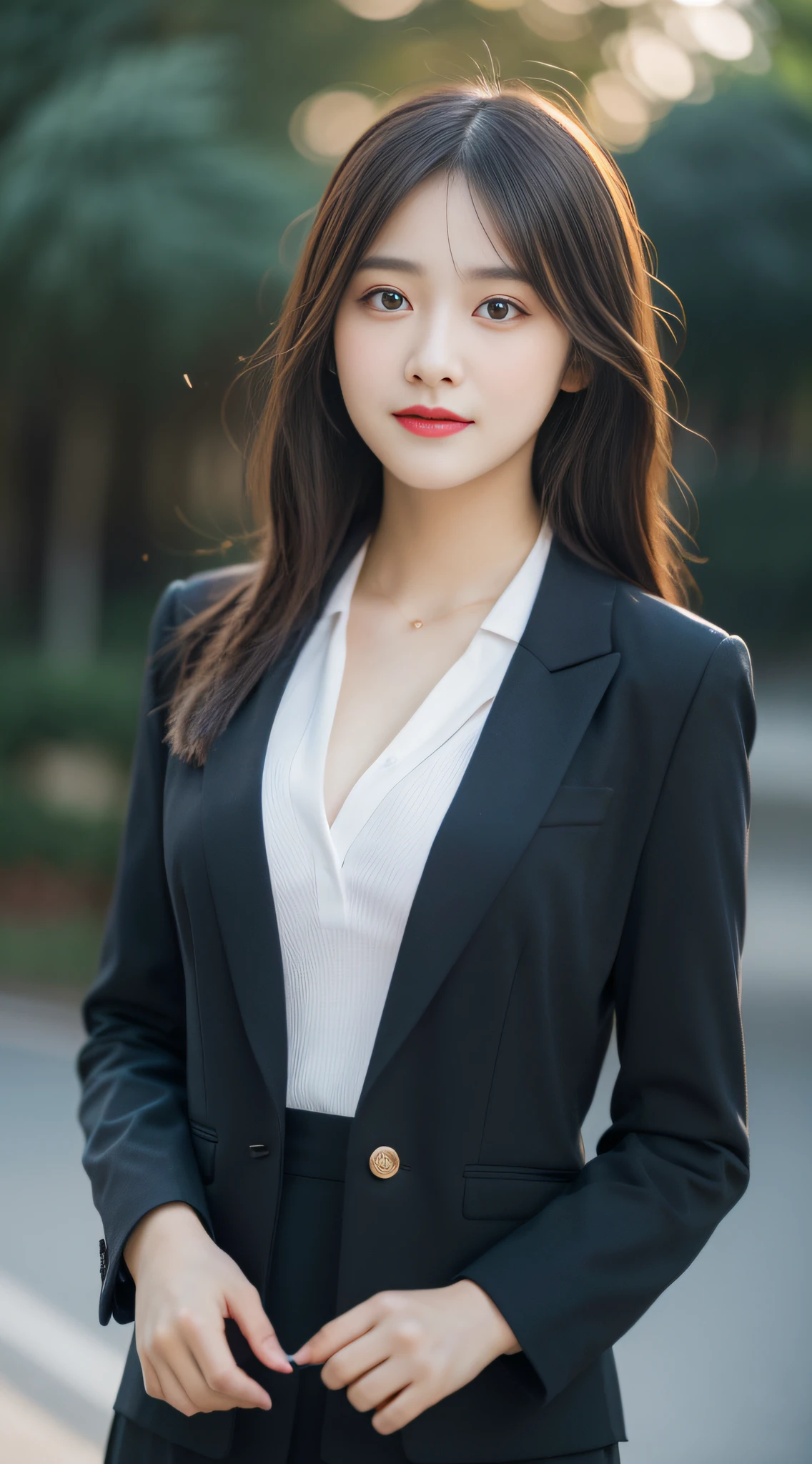 best quality, masterpiece, 1girl, Beautiful face, (photo realistic:1.3), rim lighting, (high detailed skin:1.2), 8k uhd, dslr, high quality, high resolution, 4k, 8k, Bokeh,  absurdres, best ratio four finger and one thumb, (realistic:1.3), cute 1girl, wearing black formal blazer, medium breasts, short skirt,