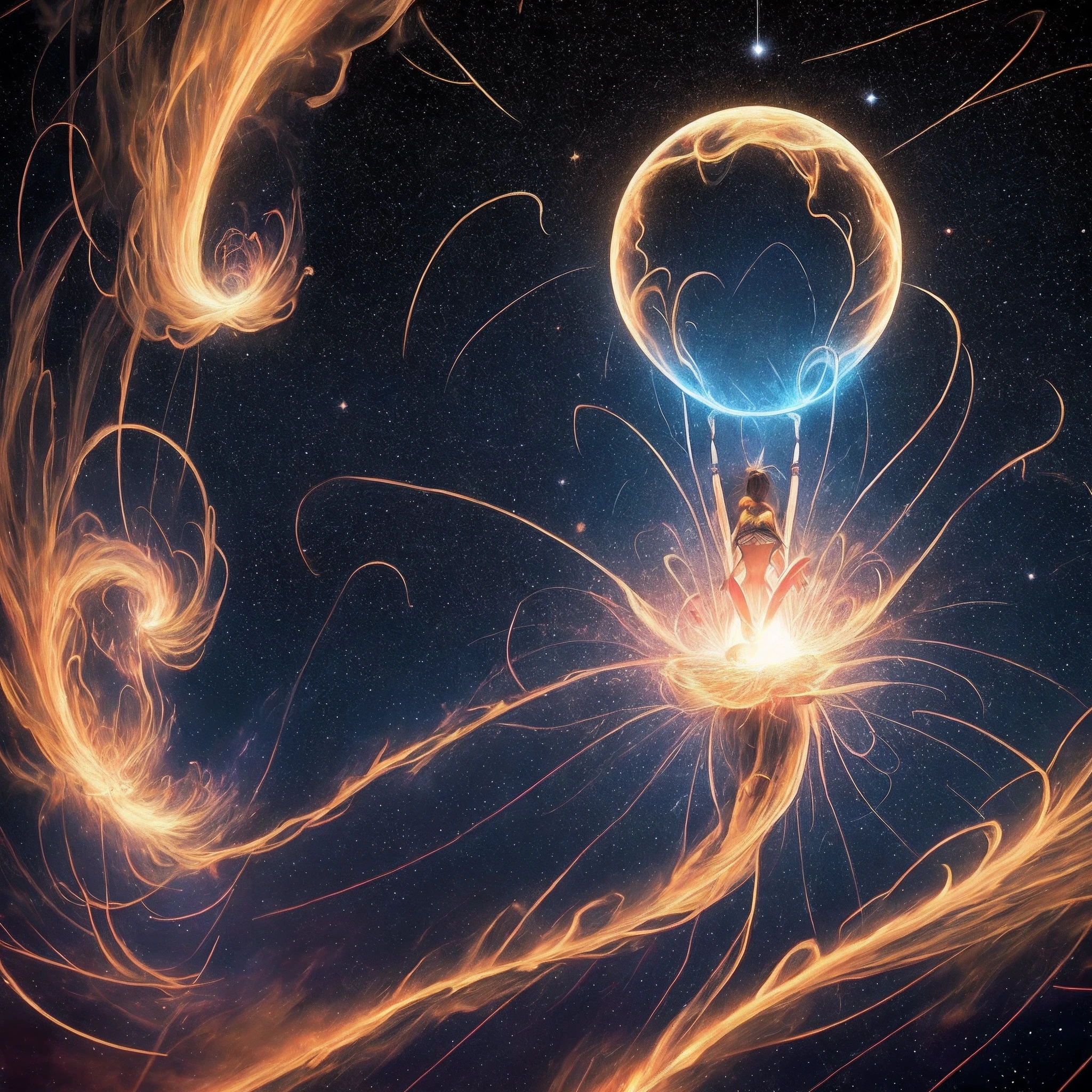 Imagine yourself in a vast cosmic landscape, where the boundaries between space and time intertwine in a unique dance. Ao fundo, as estrelas brilham intensamente, forming constellations that seem to pulse like the heartbeat of the universe. Space-time curves around you, creating a sense of constant, fluid movement.
No centro da cena, A human figure is in a position of meditation, emanando uma aura de energia inspirada. As she inspires, Strands of light erupt from your body and connect with the farthest points of space, representing the search for innovation and knowledge. Ao expirar, These strands of light turn into flames of motivation, irradiando uma energia contagiante.
Enquanto a figura se move, linhas de luz se curvam ao seu redor, creating a complex pattern that symbolizes the interconnection between creativity and action. Enquanto ela se move, pequenos pontos de luz aparecem e desaparecem, representing ideas that come to life and become concrete creations.
Through this scenario, You feel the thrill of creation in the air, like an electric current charging with possibilities. The cosmic landscape and the movements of the figure reflect the unique interplay between inspiration, Proposal and action in the vast fabric of space-time.