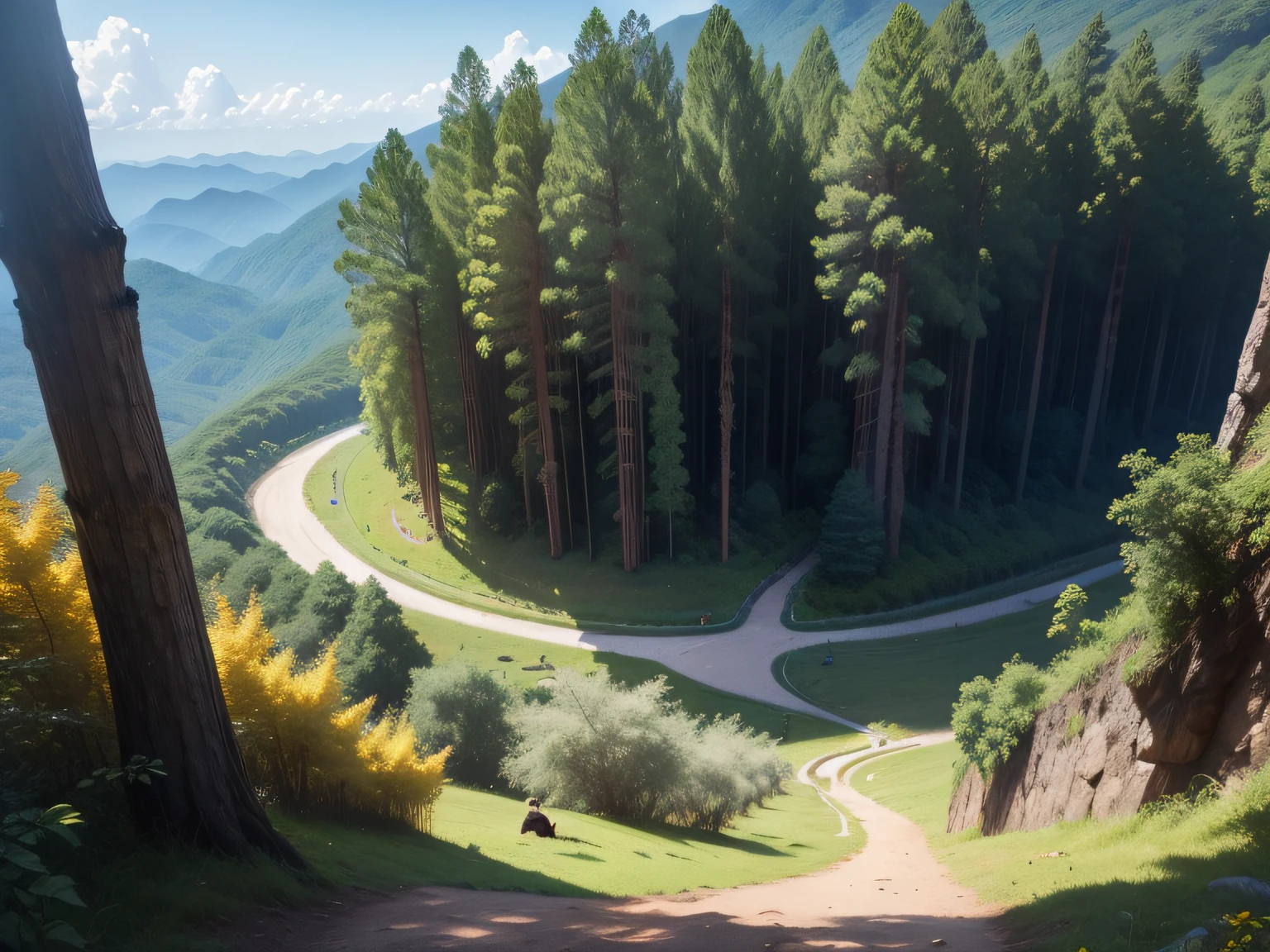 Sichuan Shennongjia,Forest scene,with blue sky and white clouds,Golden monkeys crawl on the trees,There are small rabbits near the tree,Faraway view,pov,电影灯光,Camera effects,Shinkai sincerely