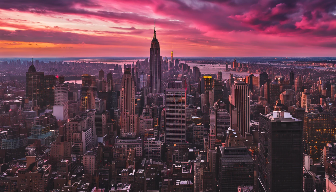 Sunset of pink clouds in New York City,The Empire State Building is on the far right of the picture
