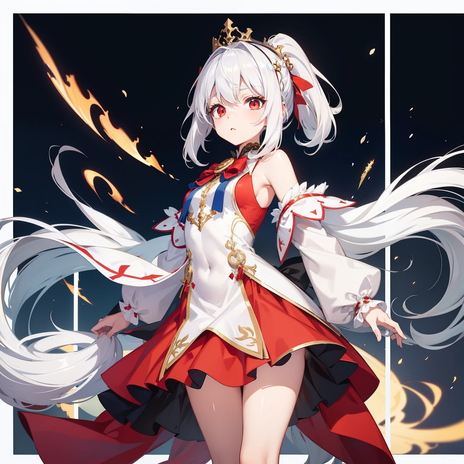 body type girl,Long bright silvery-white hair、(Single ponytail on the right)Half-crown issuance cards,Gorgeous headband,Red eyes,Blue and white cloak,Short black and red skirt