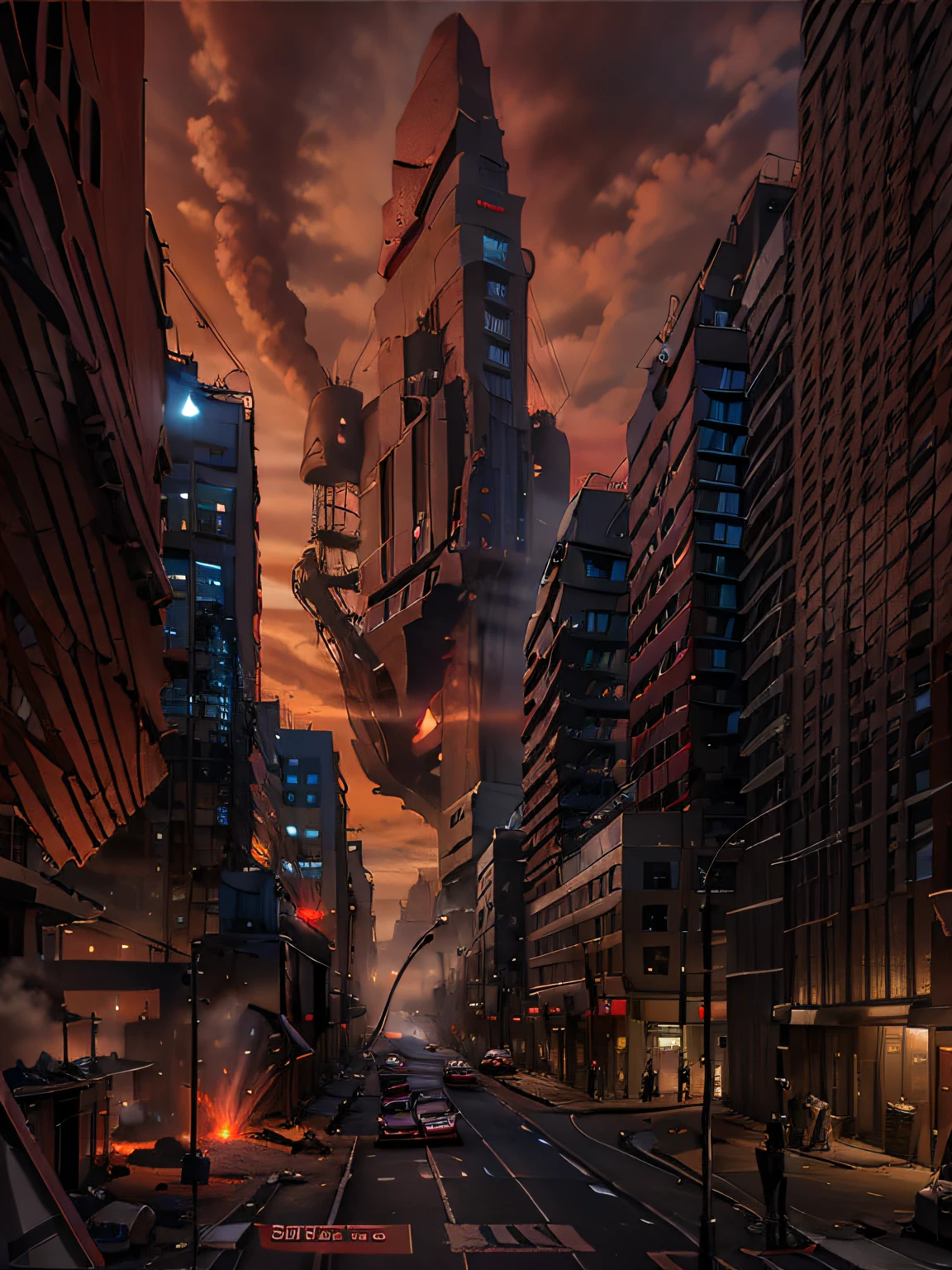 Dark red sky，The end of the world is coming，Red smoke is pervasive，city night scene，Tall buildings are attacked by alien ships，Red lines hover the sky，Attack downward