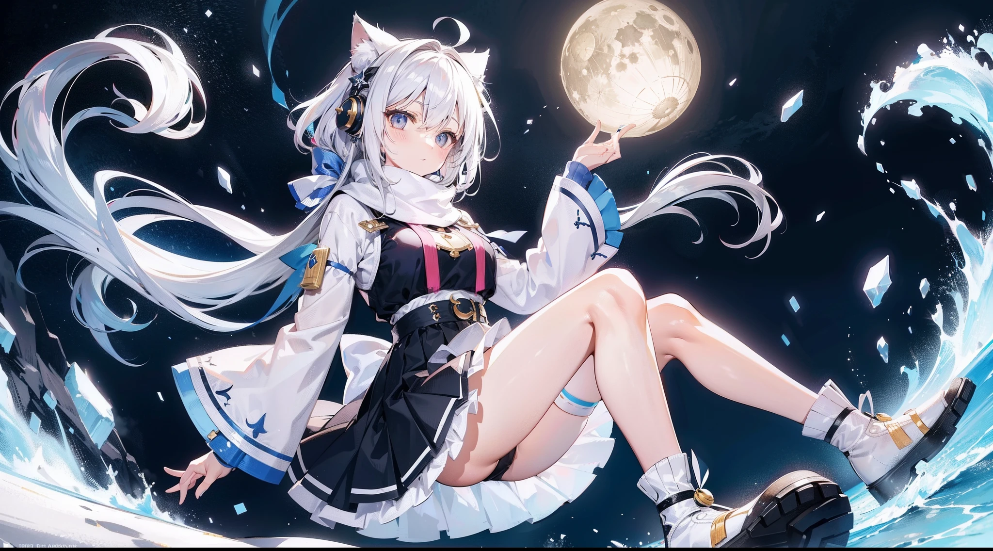 White hair, Gradient hair, ahoge, hair between eye, crossed bangs, Dull hair，hair pin, Hair ribbon, hair adornments, ribbon, Bell, Earphone, bow hair band, snowflake hair ornament, Pupil of the slit, cat ear, thoughtfully, Full body like, sitted, wearing boots, Wearing a short skirt of pure cotton,Skirt knee-length， chiquita, Eight to nine years old，Blushlush，flatchest, The chest is flat，Undeveloped breasts, Bring a scarf, mid - length hair,Long boots, Winters，Behind her is a snowy mountain，The night sky is full of stars，The moon is shining，anime big breast, hyper HD,16k, A high resolution