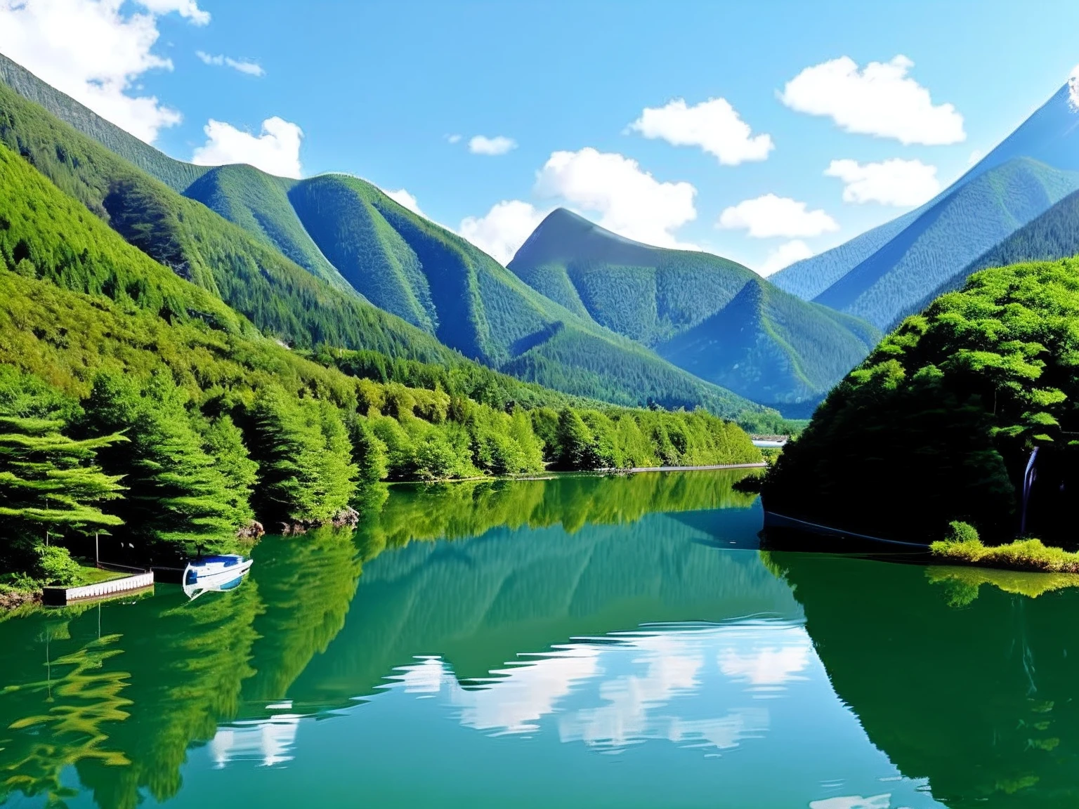 there is a small boat that is floating in the water, a lake between mountains, japan mountains, mountains river trees, rios、Trees and hills, Detailed scenery —width 672, Landscape photo, countryside in japan, forest and river, an amazing landscape image, waterfalls and lakes, japan nature, Majestic nature, lakeside mountains, Mountains and lakes