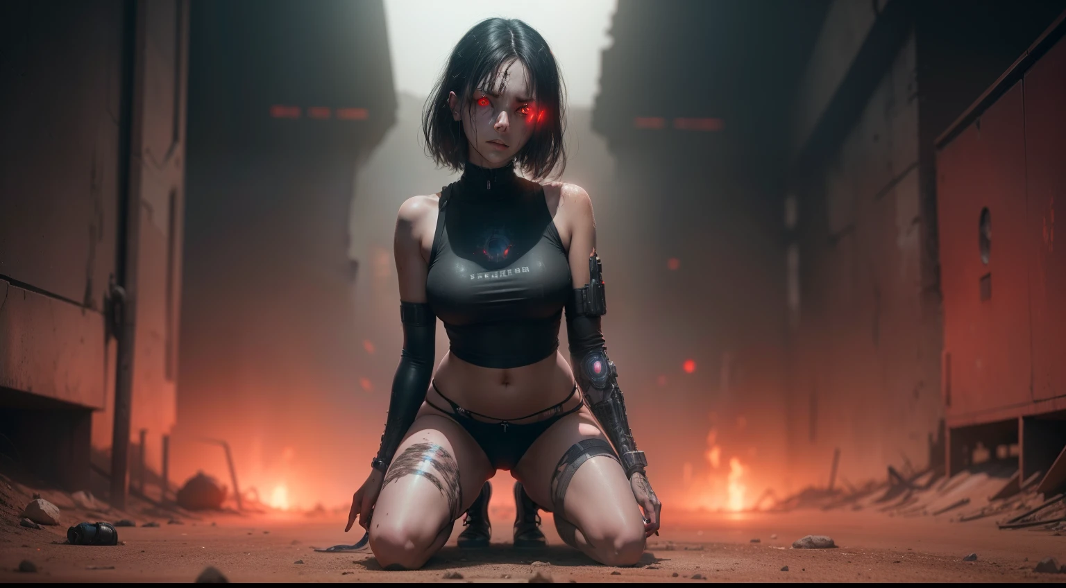 woman wearing panties and top kneeled on the ground in desert, glowing eyes, red eyes, horror scenario, horror cyberpunk, dark, ominous atmosphere, sacred, ultra detailed, photorealistic, masterpiece, trending on Artstation.