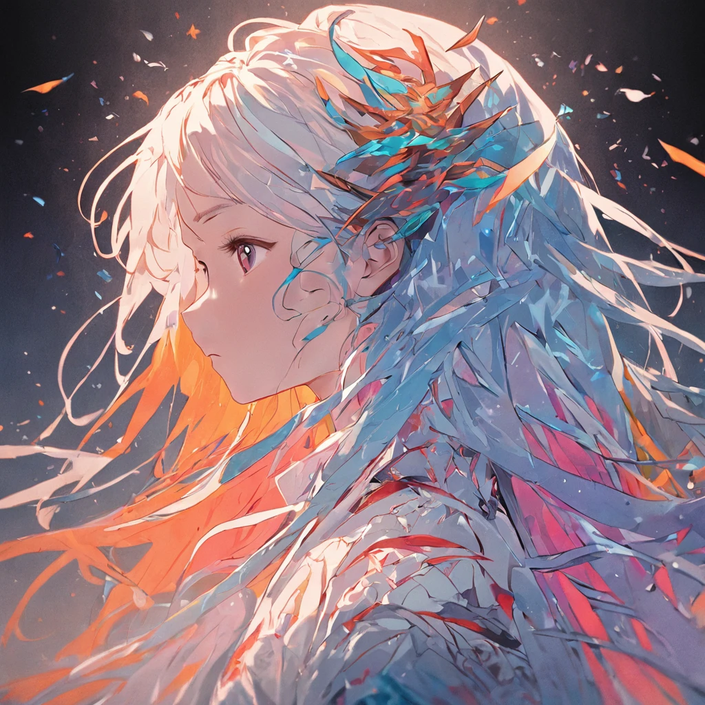 (White background:1.4),(Silhouette of a girl's head, Eyes closed, colorfull long hair, Oriental elements),(Chinese illustration:1.3,paper art:1.3, Quilted paper art:1.2),( reasonable design, Clear lines, High sharpness,Best quality, Very detailed, Masterpiece, movie light effect, 4K )