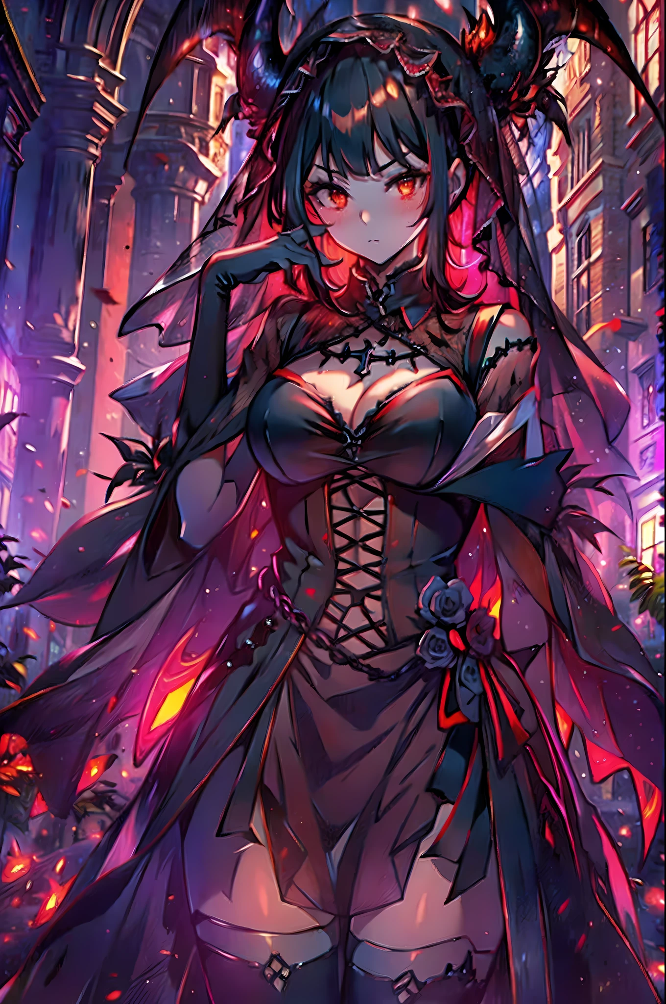 1 girl, demon girl, solo, black hair, short straight hair, gloves, bun updo, side bangs, long horns, ultra detailed red and black eyes, slit_pupils, very large breasts, gothic dress,ultra detailed sleeveless gothic dress, light gothic dress, skirtless gothic dress, glowing flames surrounding the girl, inner room of the cathedral is on fire, exuding flames from eyes, dim lighting, warm colours, hat with veil, beautiful pose, serious expression, leaning over