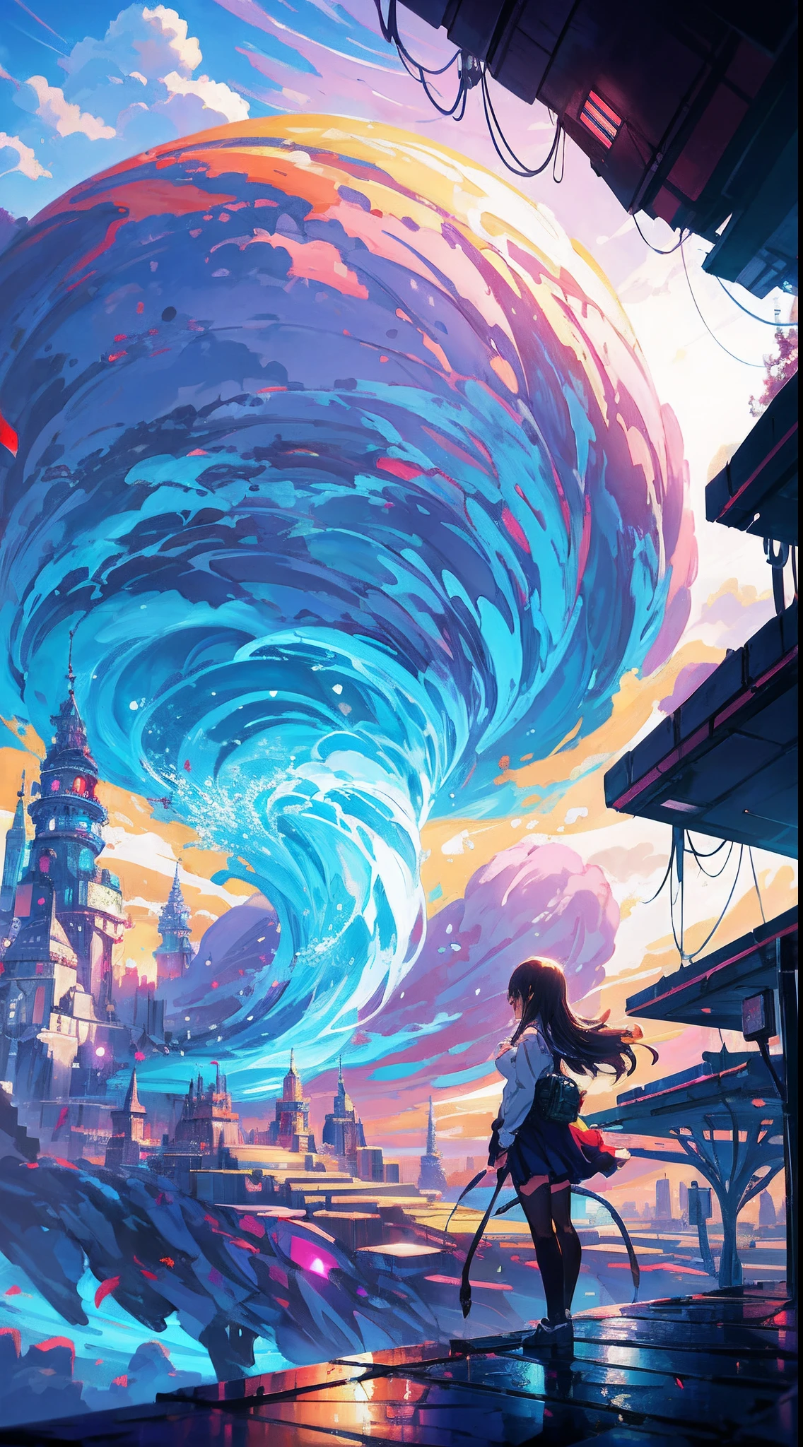 A woman standing in front of a giant vortex in a city - SeaArt AI