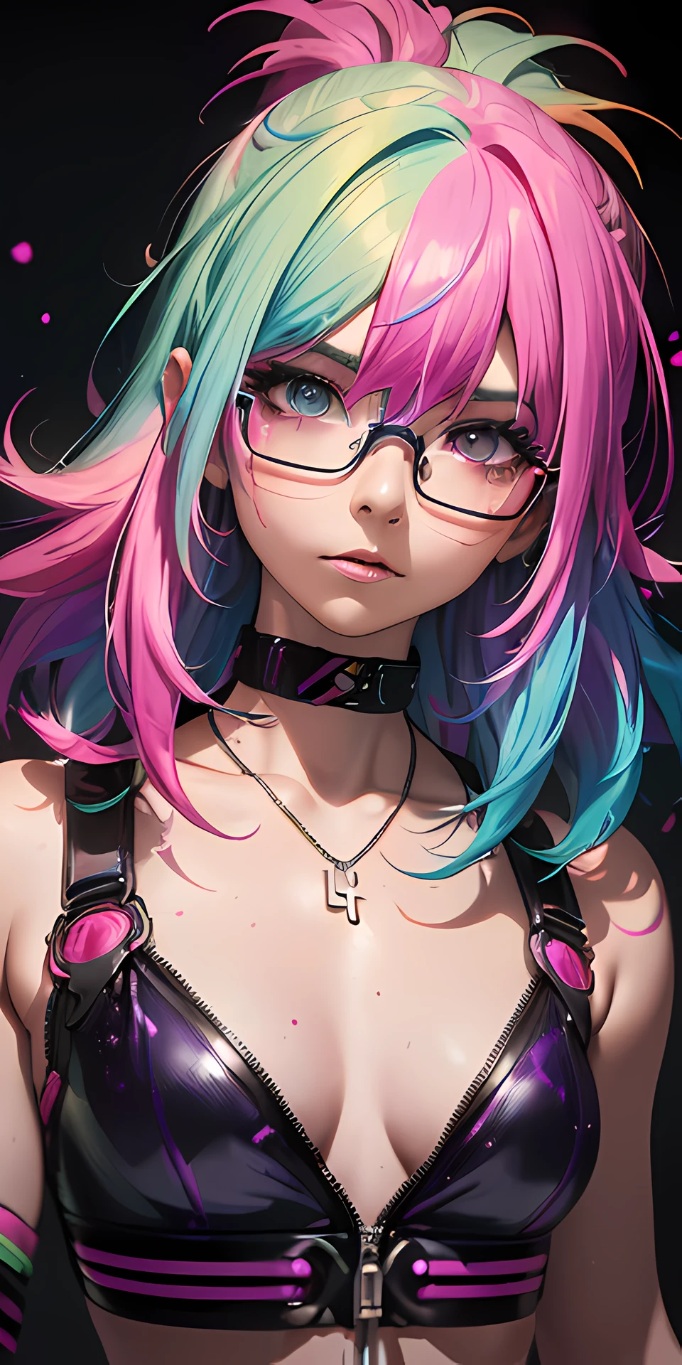Rainbow color effect, ((cybernetic)), (glasses), collarbone, side cut, looking at viewer, blurry background, upper body, necklace, neon, freckles, (best quality),(high resolution),(sharp focus),(ultra detailed),(extremely detailed),(extremely high quality artwork),8k_wallpaper,(extremely detailed CG 8k),(very fine 8K CG),((hyper super ultra detailed perfect piece)),flawless,(((masterpiece))),illustration,vibrant colors,(intricate),High contrast,Selective lighting,Double exposure,HDR (High Dynamic Range),Post-processing,Background blur, top rated on pixiv, (((liquid paint hair:1.1,neon purple hair|neon pink hair|neon blue hair|neon aqua hair|purple hair|fuchsia hair|fluorescent blue hair|amethyst hair|neon hair|bright pink hair :1.5,bright hair: 1.3,hair made of paint and defies gravity,thick flowing,paint splatter:1.3,shiny hair: 1.3,vibrant colored hair))),