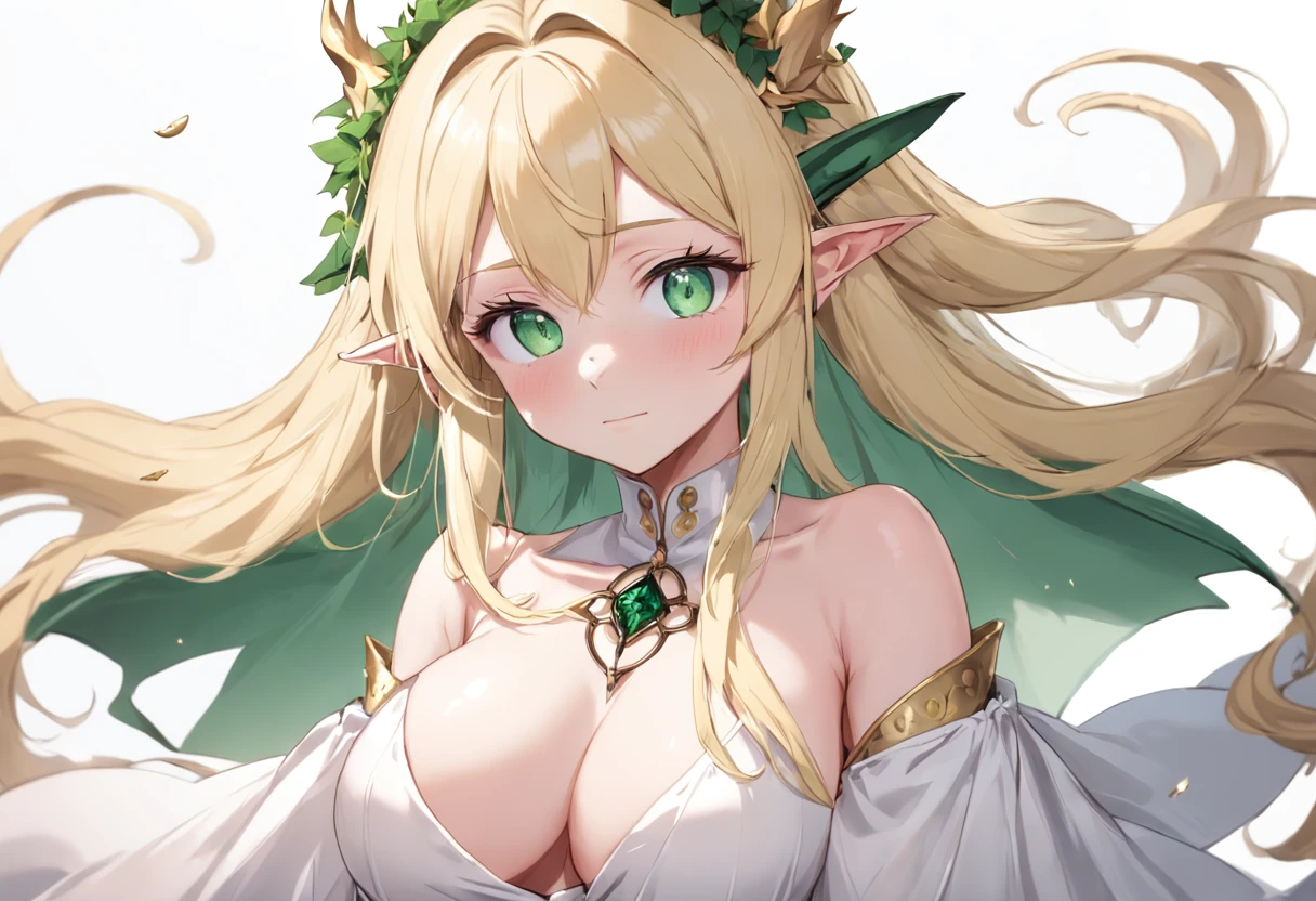 1girll, Bare shoulders, Blonde hair, Blush, Breasts, circle of the crone, cleavage, Closed mouth, dress, elf, Green eyes, head wreath, Huge breasts, laurel crown, Long hair, view the viewer, O-ring, O-ring top, Pointy ears, Simple background, Solo, Upper body, White background, White dress,celestine lucullus,Realistis,(Shiny skin),(Masterpiece:1.4),(Best quality:1.4)