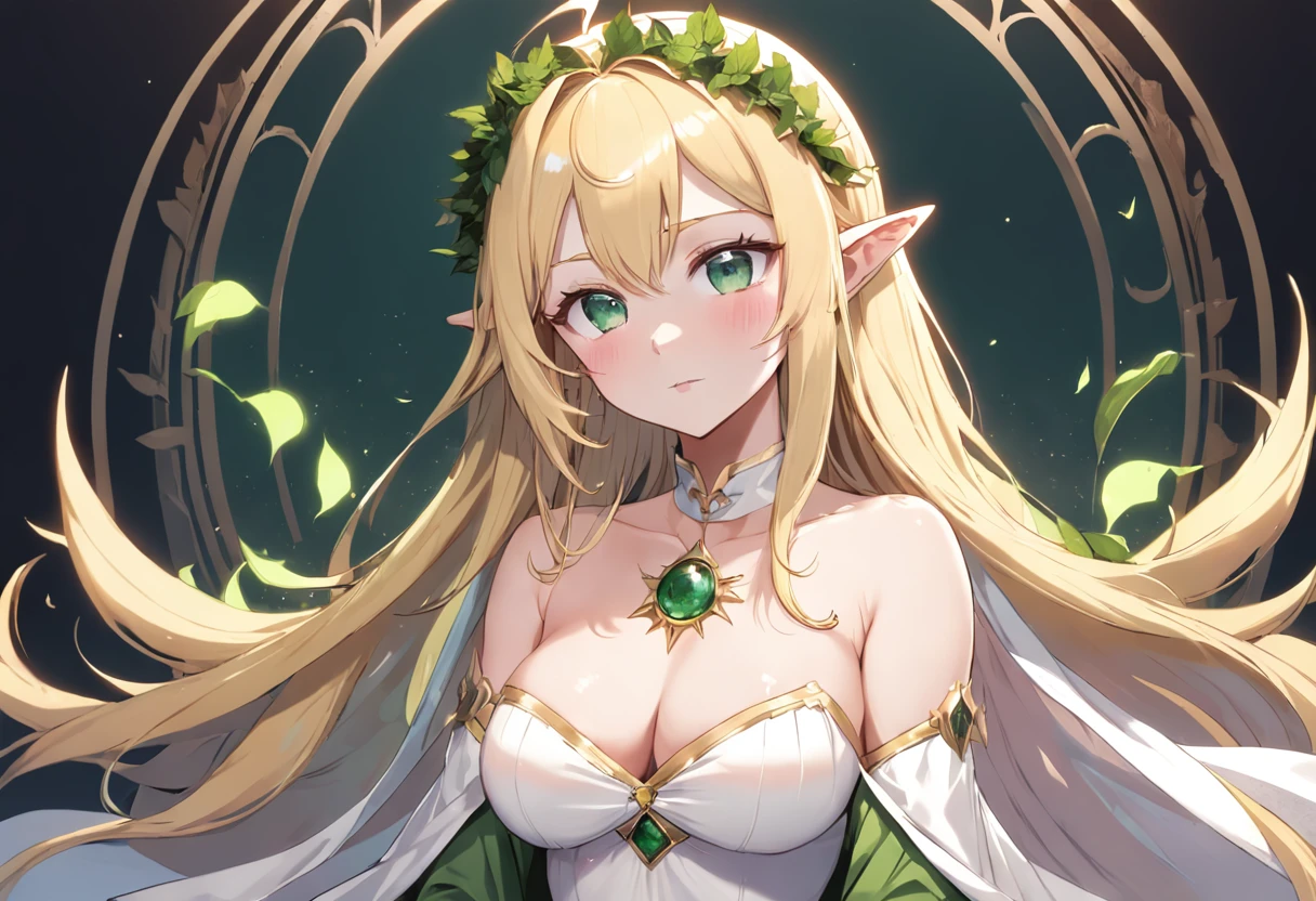 1girll, Bare shoulders, Blonde hair, Blush, Breasts, circle of the crone, cleavage, Closed mouth, dress, elf, Green eyes, head wreath, Huge breasts, laurel crown, Long hair, view the viewer, O-ring, O-ring top, Pointy ears, Simple background, Solo, Upper body, White background, White dress,celestine lucullus,Realistis,(Shiny skin),(Masterpiece:1.4),(Best quality:1.4)