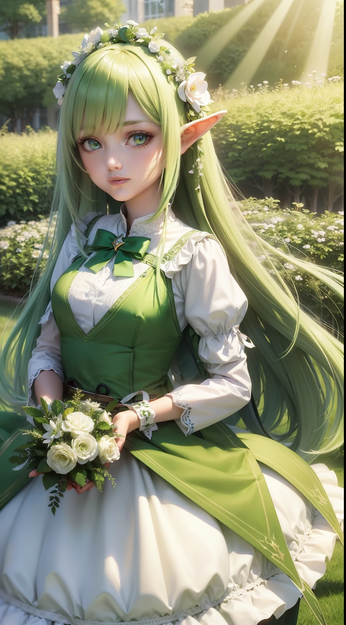 long green hair, Green eyes, Bow, , 1 girl of high quality, elf, Spirit, Realistic, Real, Beautiful green hair, Beautiful green eyes, lightsmile, Flower bouquet, spring