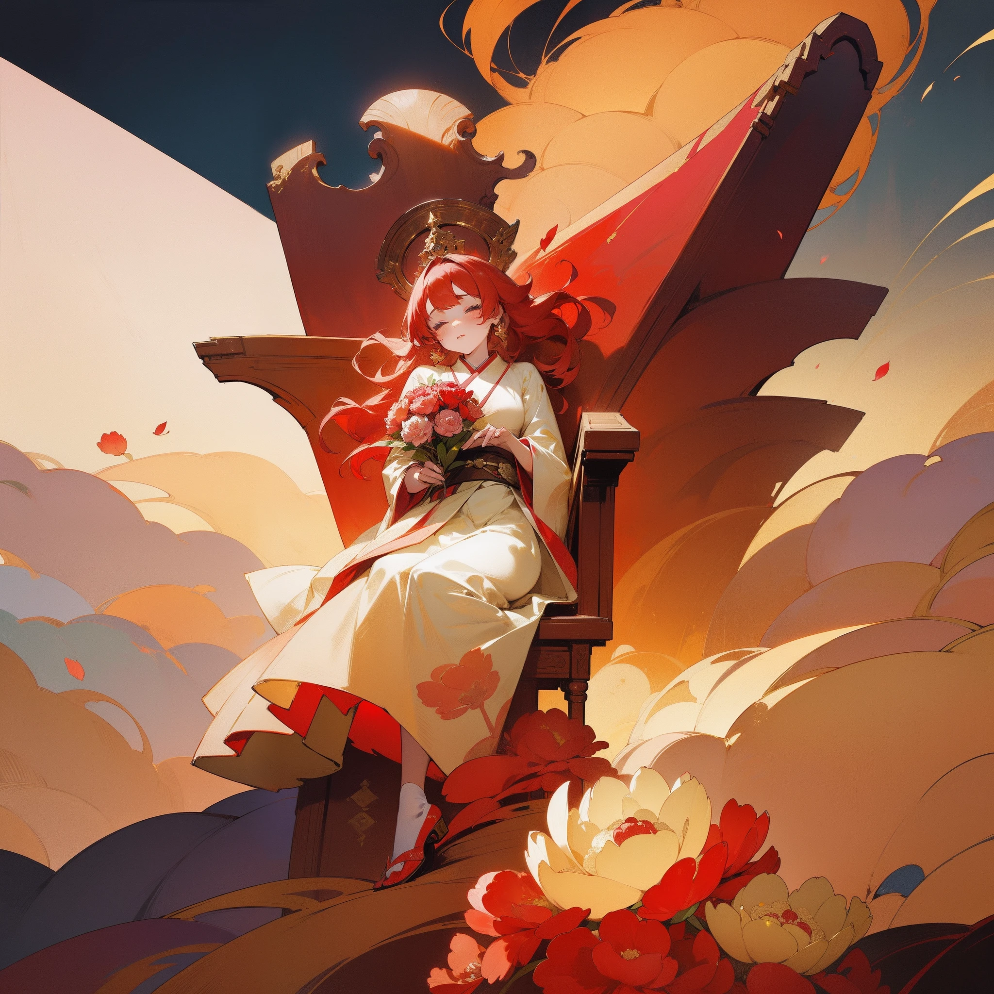 (Beautifully Aesthetic:1.2)、(1girl in:1.3)、(Red and gold colorful hair:1.2)、Red and gold kimono、Peonies、peony flower、sacredness、Top image quality、Landscape painting、God of Flowers、a throne、wang、Fantastical