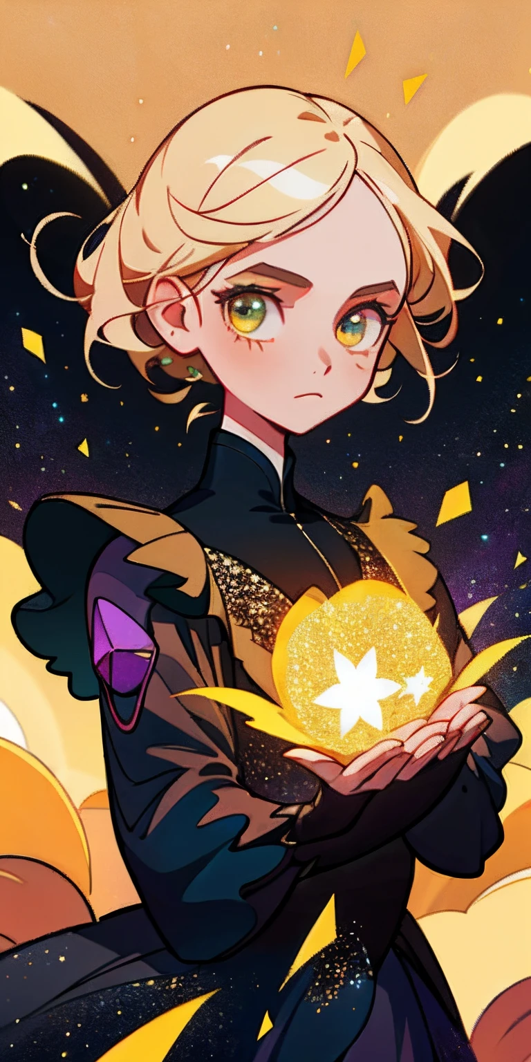 (best quality, masterpiece), 1girl, galaxy, glitter, dress, particle, wind, flower, upper body, dark simple background, looking at viewer, blonde,