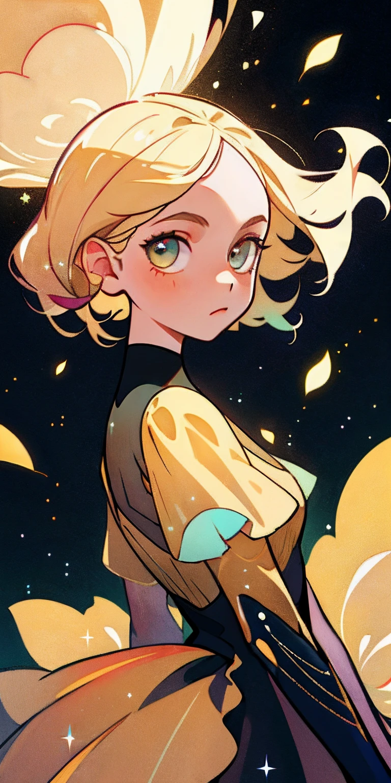 (best quality, masterpiece), 1girl, galaxy, glitter, dress, particle, wind, flower, upper body, dark simple background, looking at viewer, blonde,
