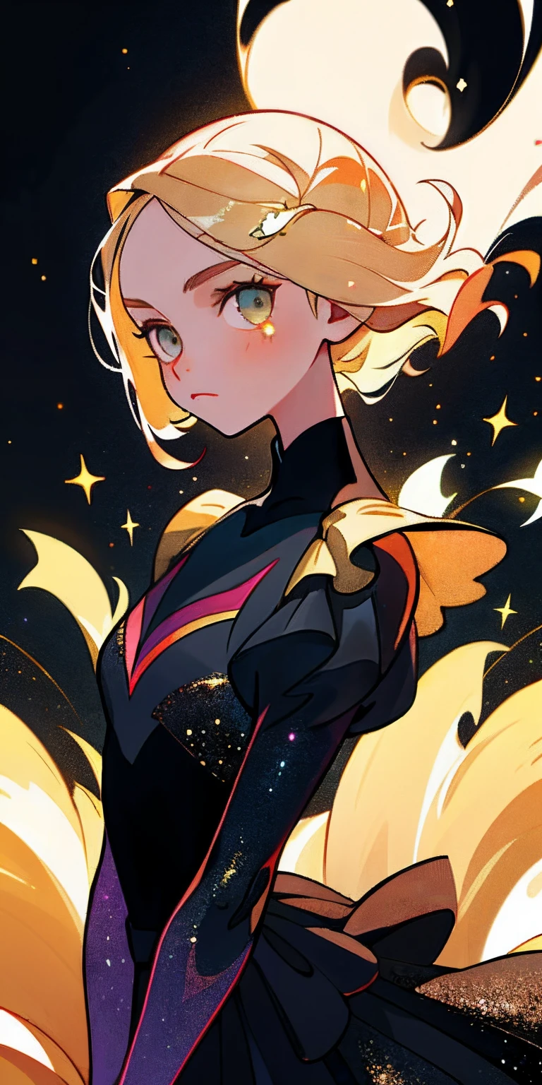 (best quality, masterpiece), 1girl, galaxy, glitter, dress, particle, wind, flower, upper body, dark simple background, looking at viewer, blonde,